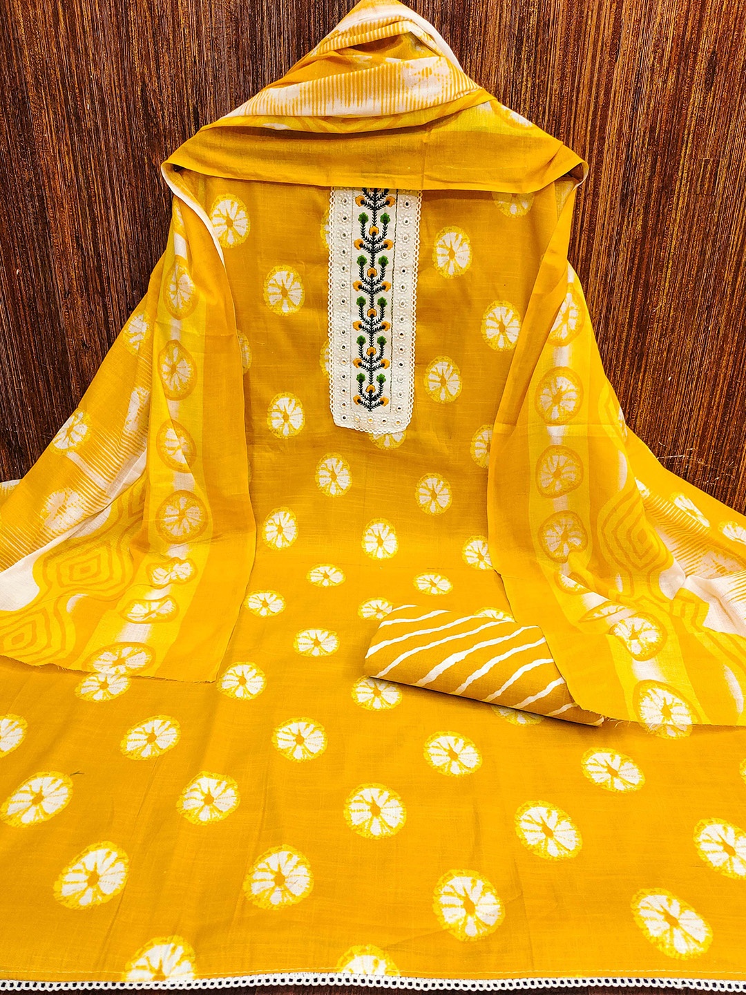 

MANVAA Tie & Dye Mirror Work Unstitched Dress Material, Yellow