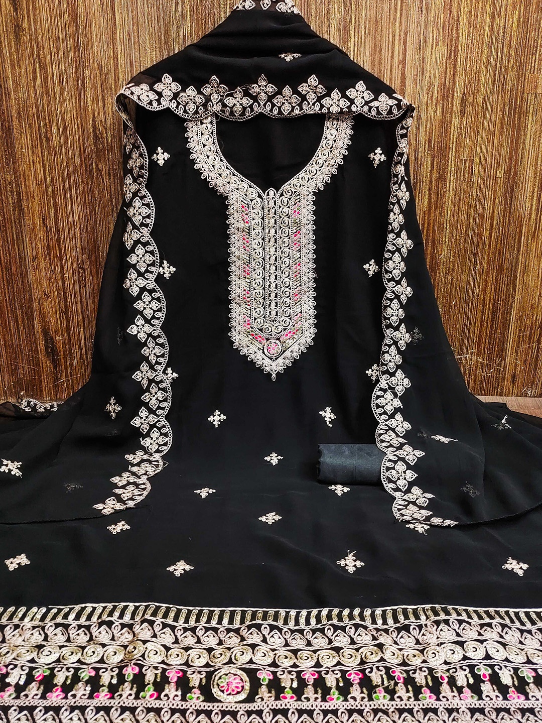 

MANVAA Embellished Silk Georgette Unstitched Dress Material, Black