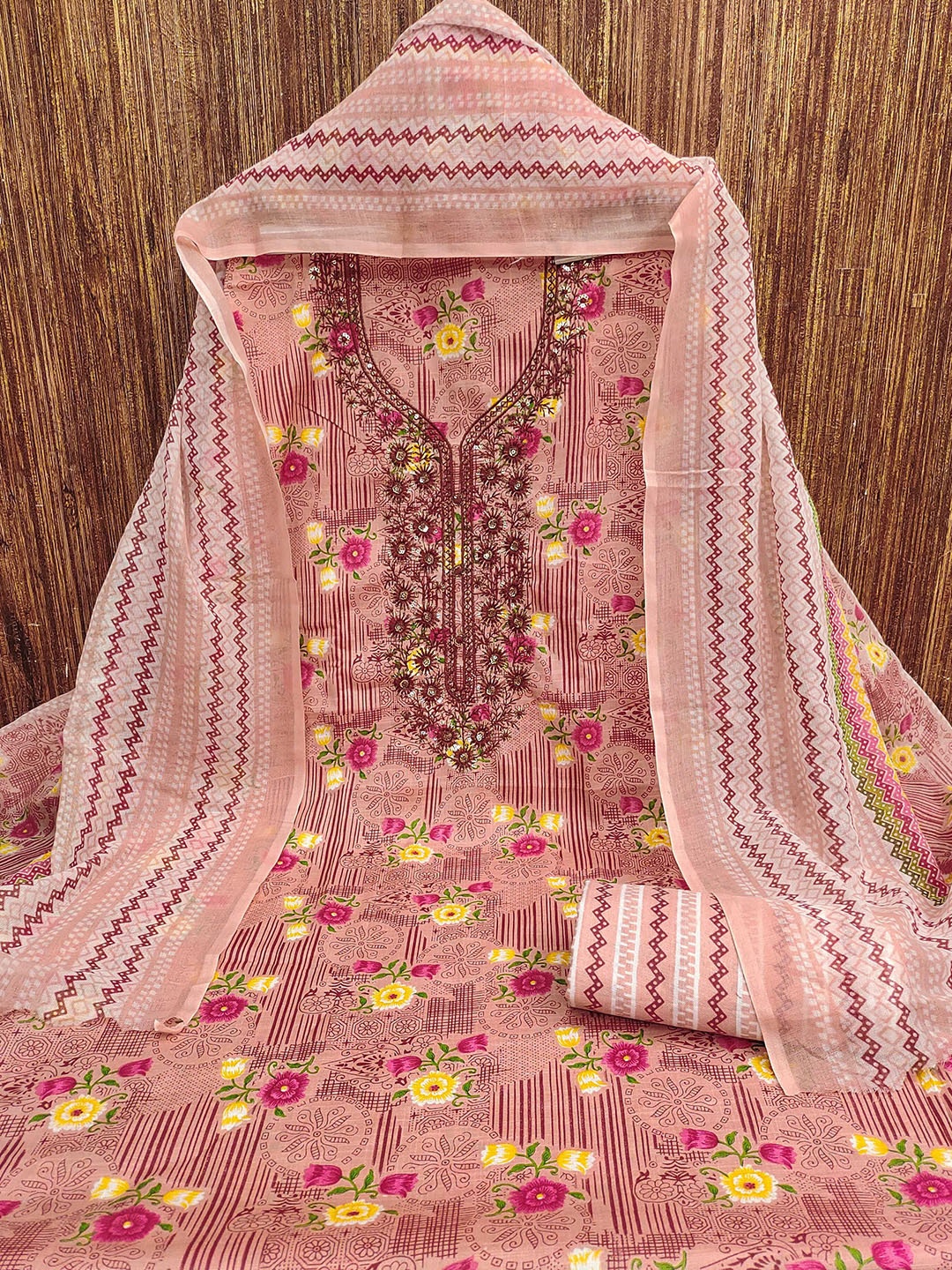 

MANVAA Floral Printed Thread Work And Sequinned Unstitched Dress Material, Pink