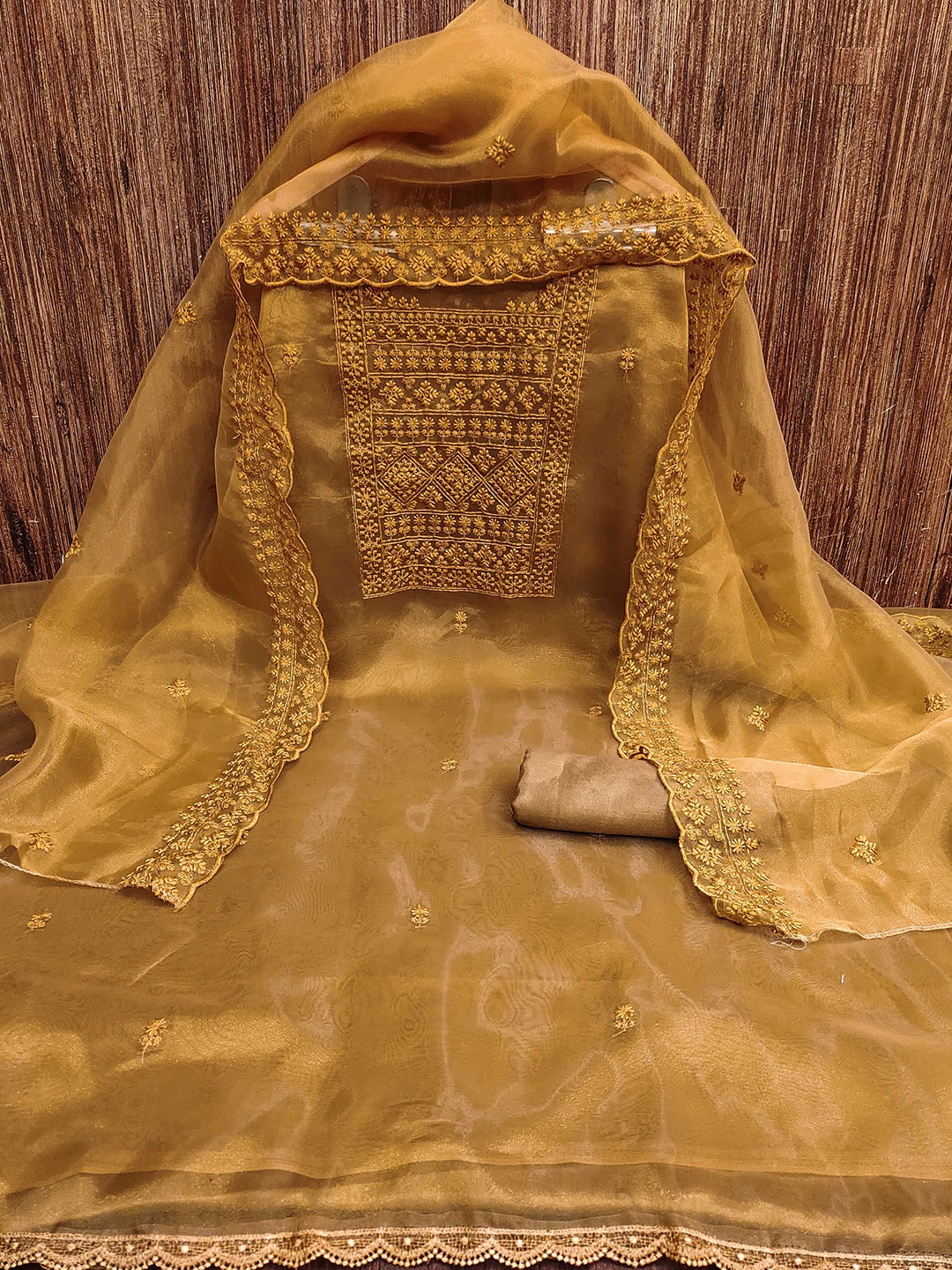 

MANVAA Floral Embellished Thread Work Organza Unstitched Dress Material, Mustard