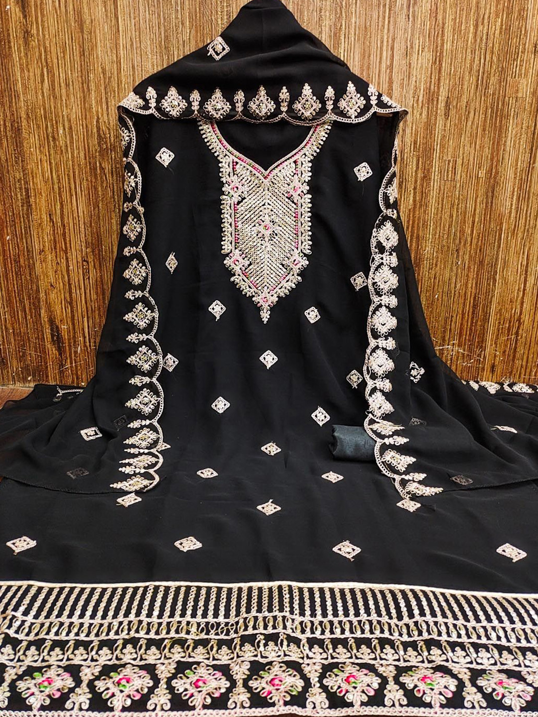 

MANVAA Ethnic Motifs Embroidered Sequinned Unstitched Dress Material, Black