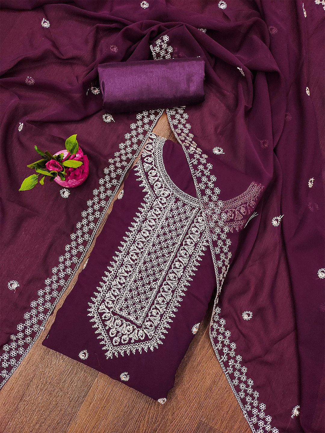 

MANVAA Floral Embellished Silk Georgette Unstitched Dress Material, Purple