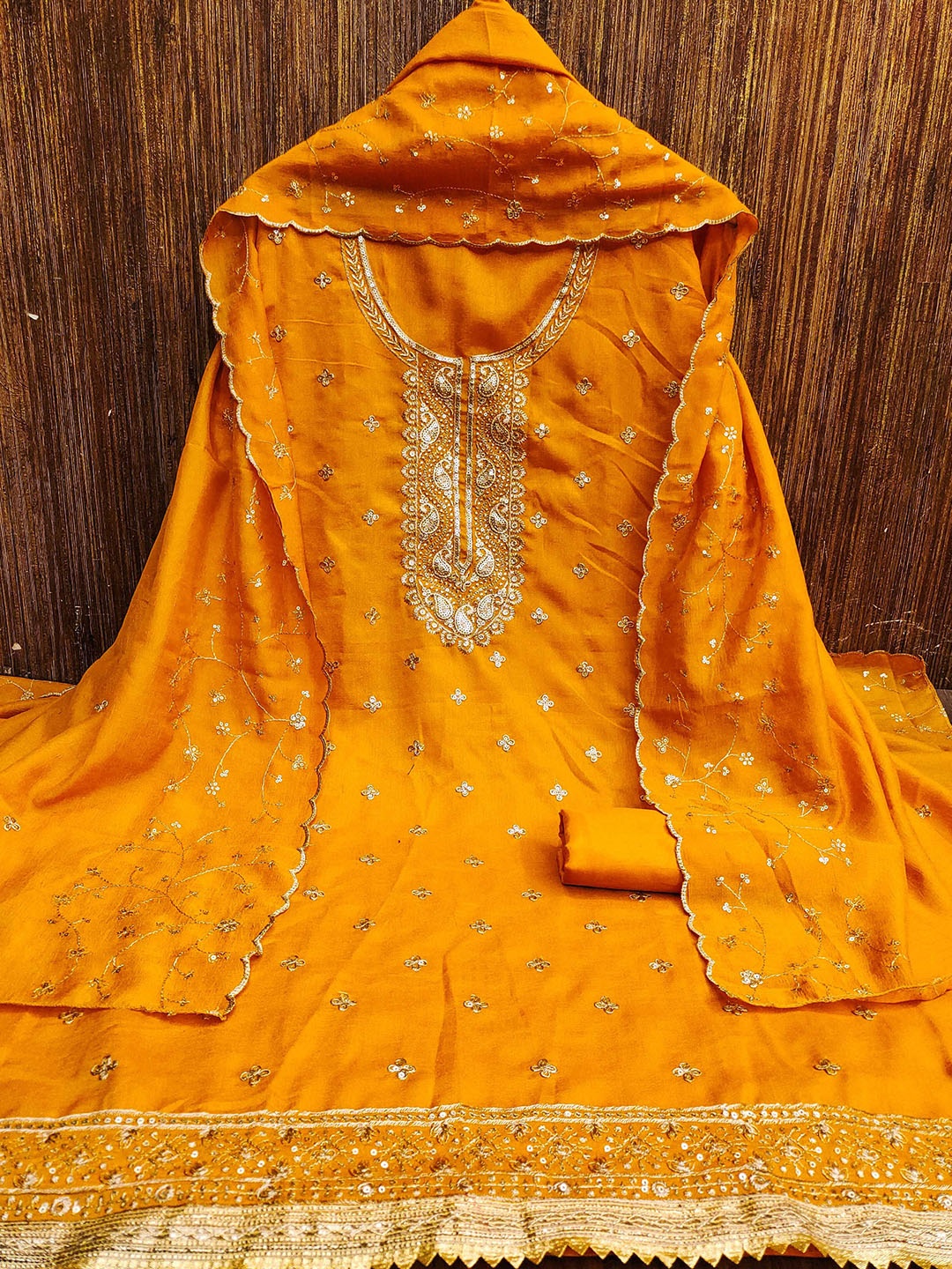 

MANVAA Ethnic Motifs Embroidered Sequinned Unstitched Dress Material, Yellow