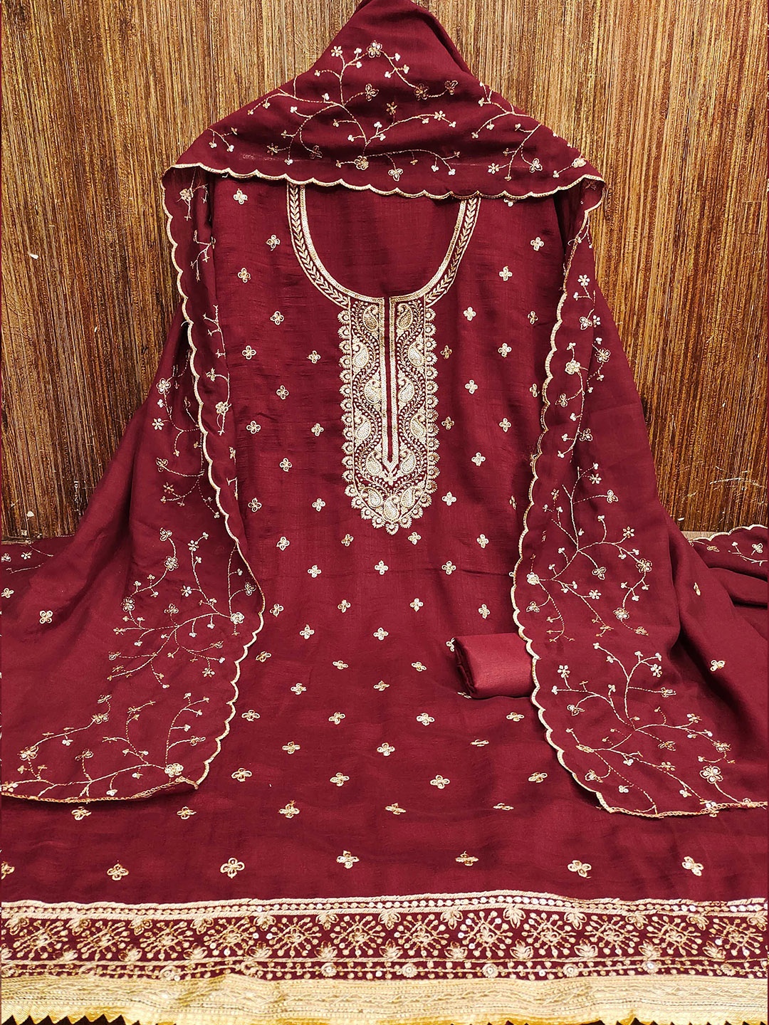 

MANVAA Embellished Unstitched Dress Material, Maroon