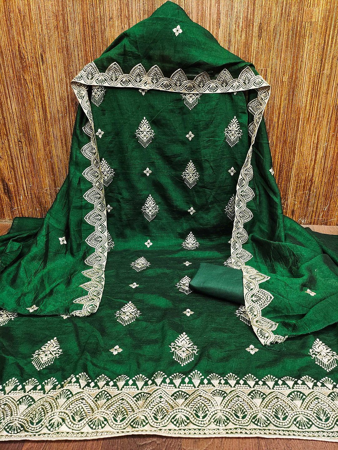 

MANVAA Floral Embroidered Sequinned Unstitched Dress Material, Green