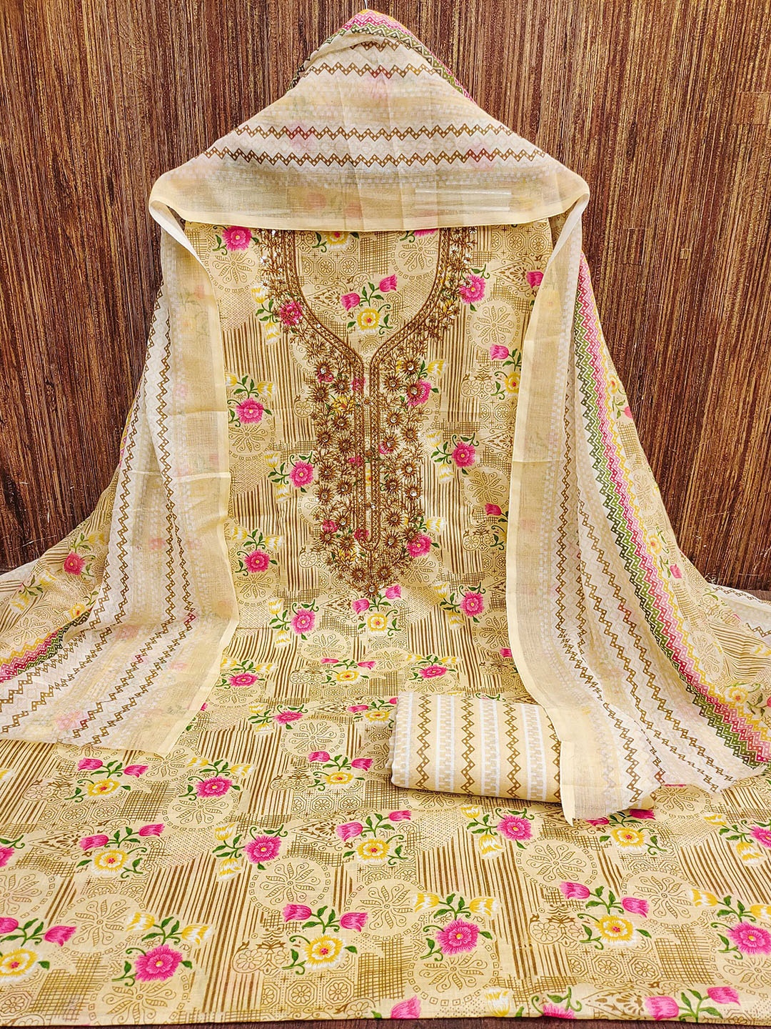 

MANVAA Embellished Unstitched Dress Material, Beige
