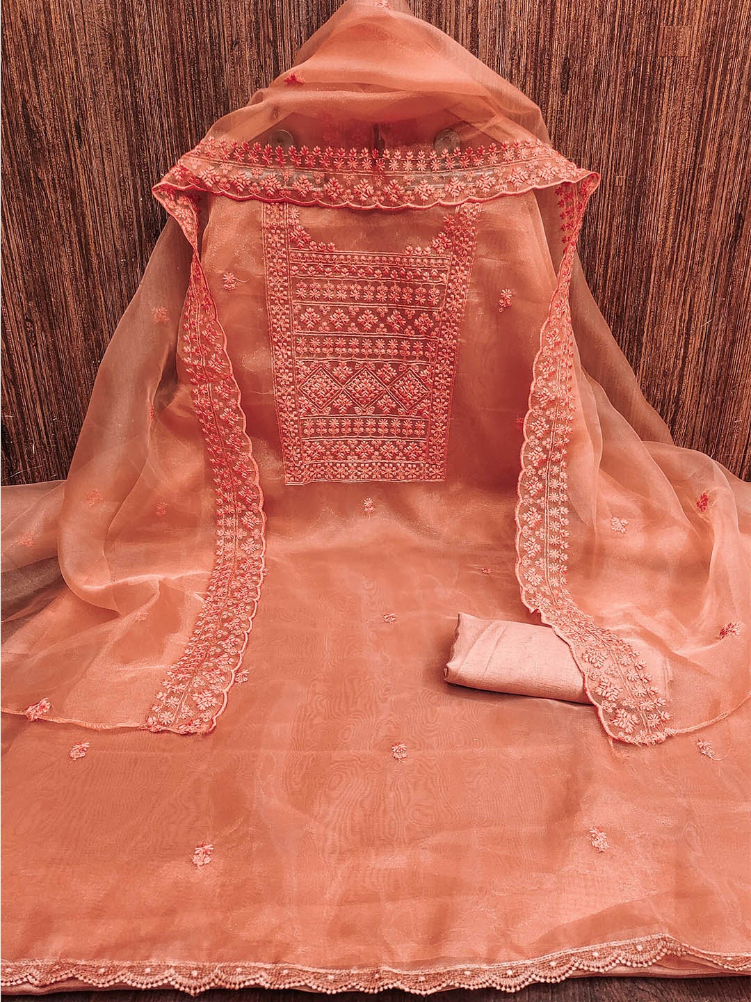 

MANVAA Ethnic Motifs Embroidered Sequinned Unstitched Dress Material, Peach