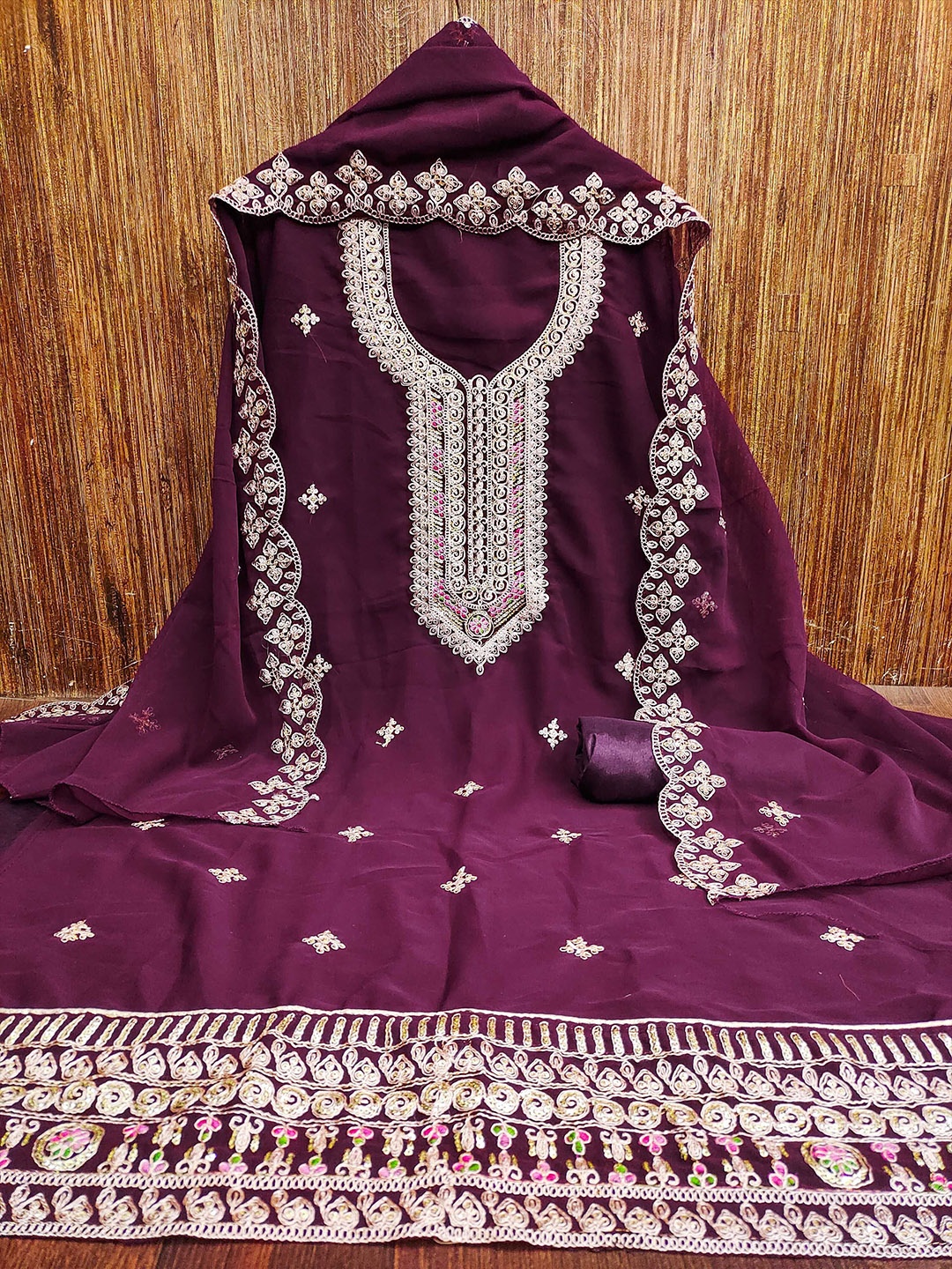 

MANVAA Floral Embroidered Sequinned Silk Georgette Unstitched Dress Material, Purple