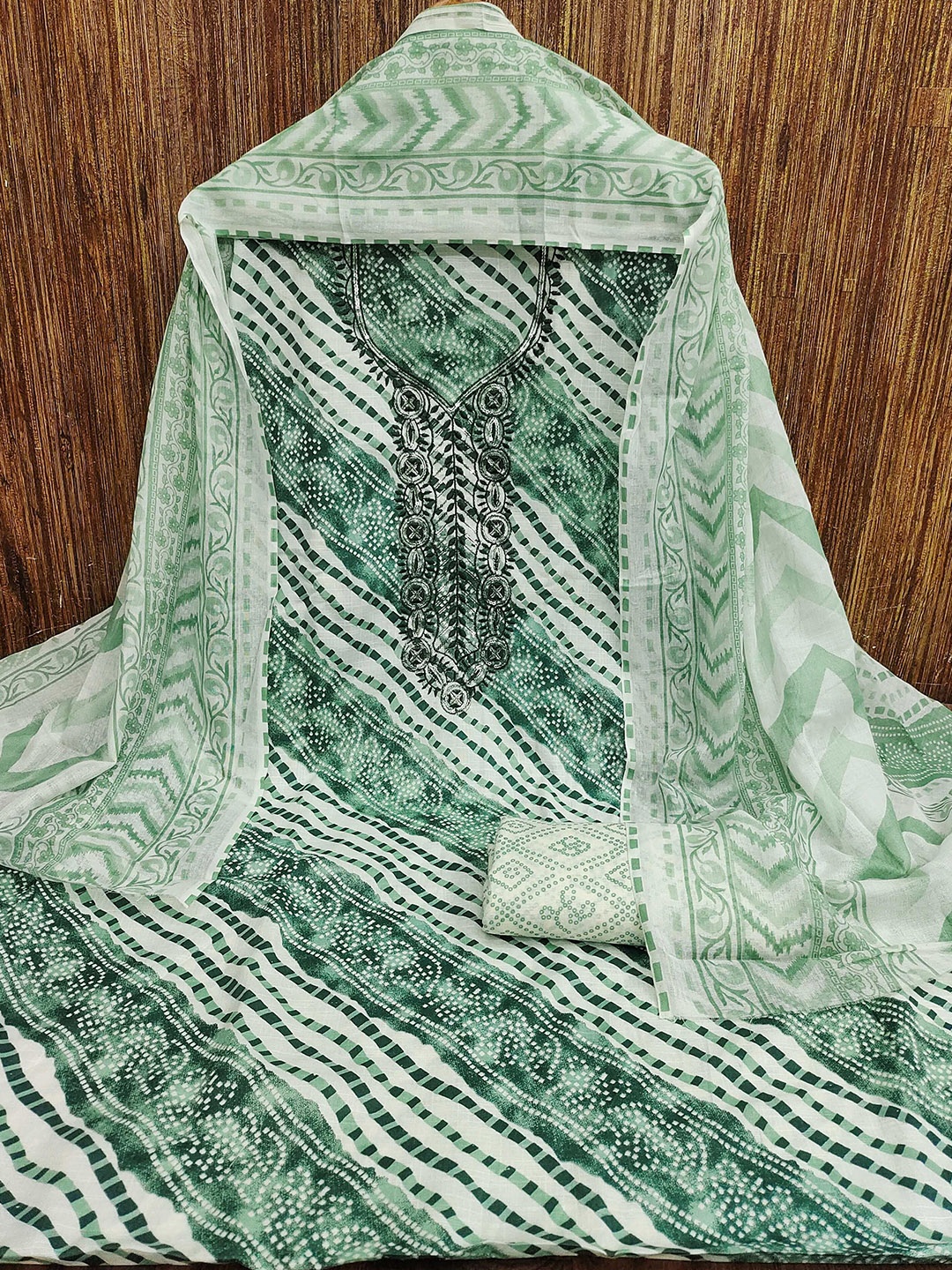 

MANVAA Leheriya Printed Sequinned Unstitched Dress Material, Sea green