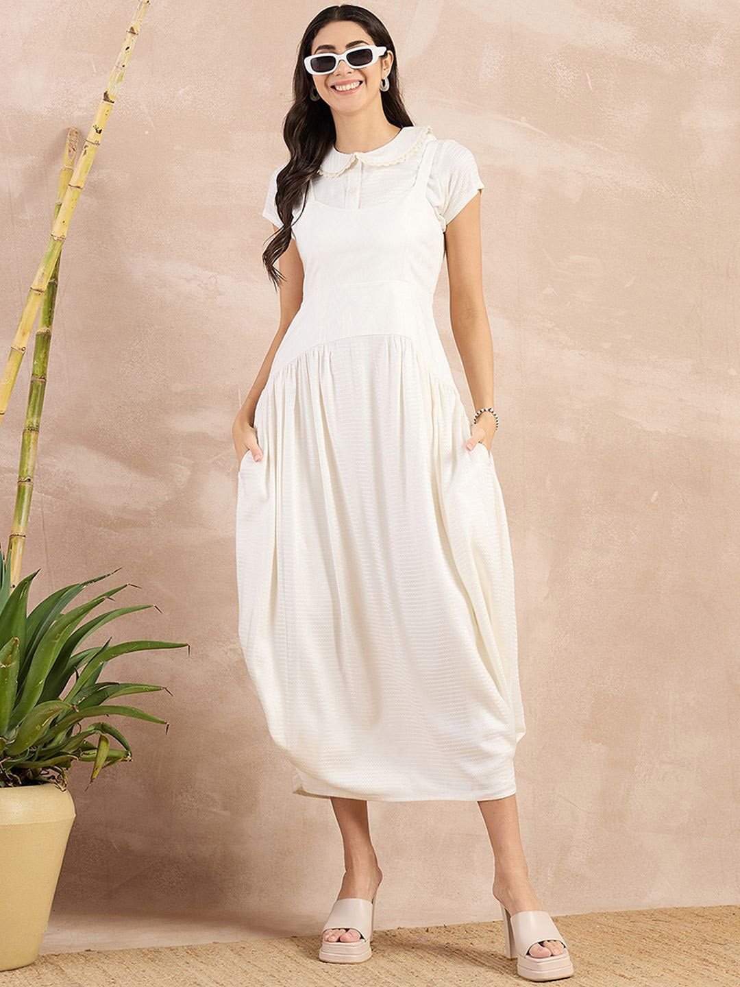 

First Resort by Ramola Bachchan Striped Organic Cotton Fit and Flare Midi Dress & Shirt, Off white