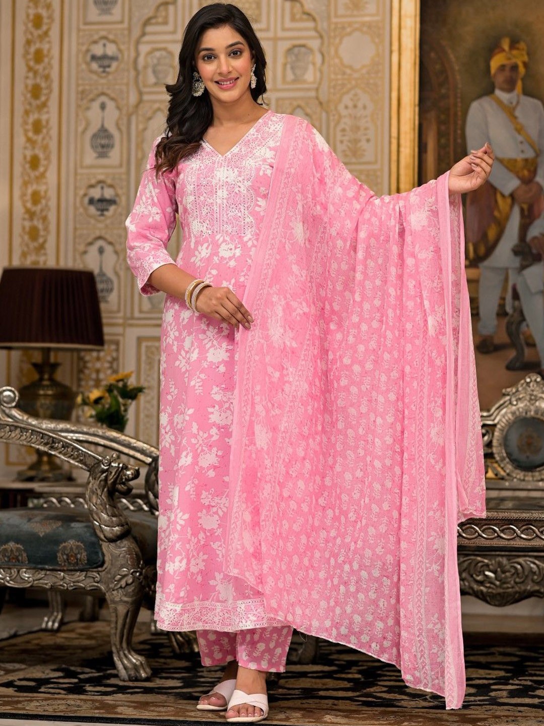 

Juniper Floral Printed V-Neck Sequinned Liva Anarkali Kurta With Trousers & Dupatta, Pink