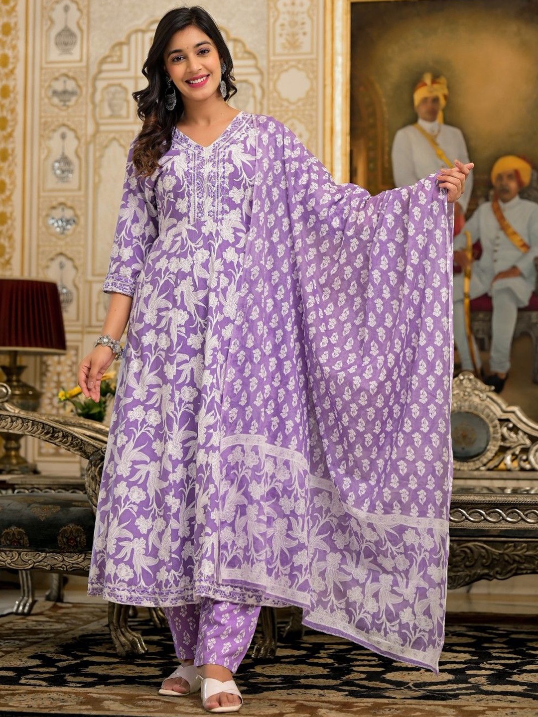 

Juniper Floral Printed V-Neck Sequinned Liva Anarkali Kurta With Trousers & Dupatta, Lavender