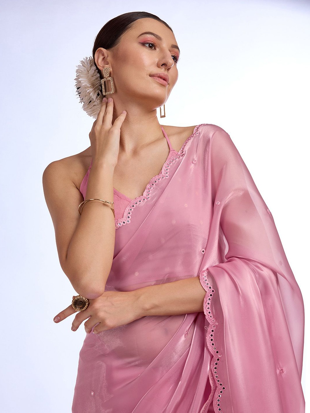 

Mitera Embellished Mirror Work Organza Saree, Pink