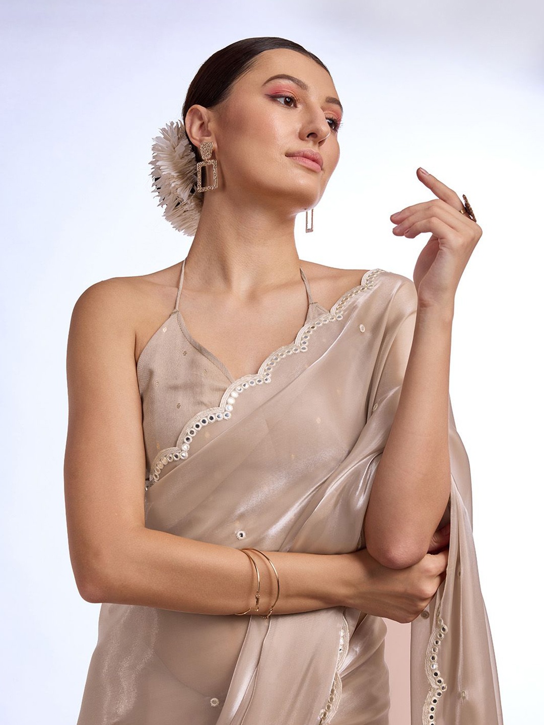 

Mitera Mirror Work Embroidered Saree, Beige