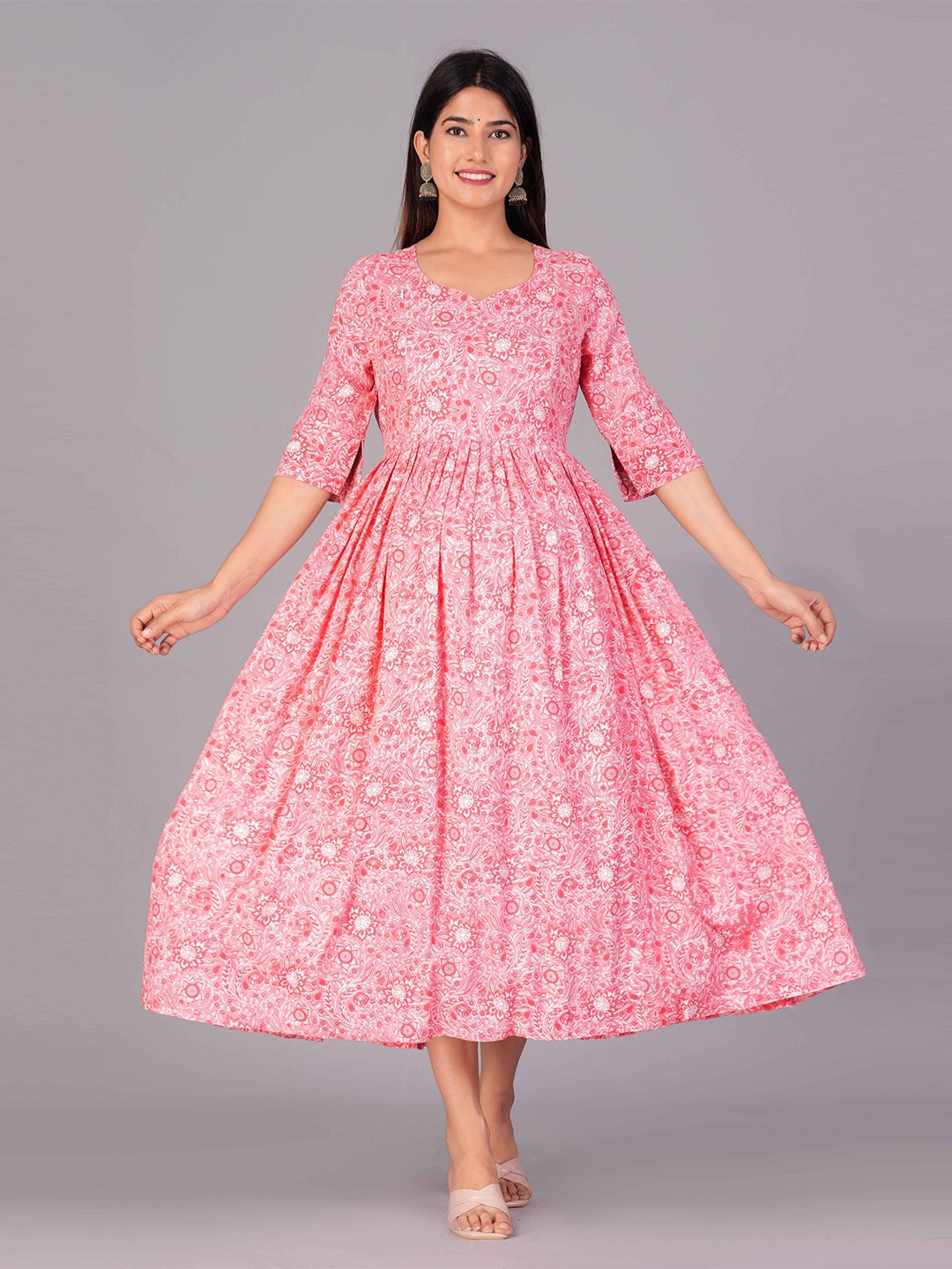

KALINI Floral Printed Maternity Feeding Fit and Flare Midi Dress with zip, Pink