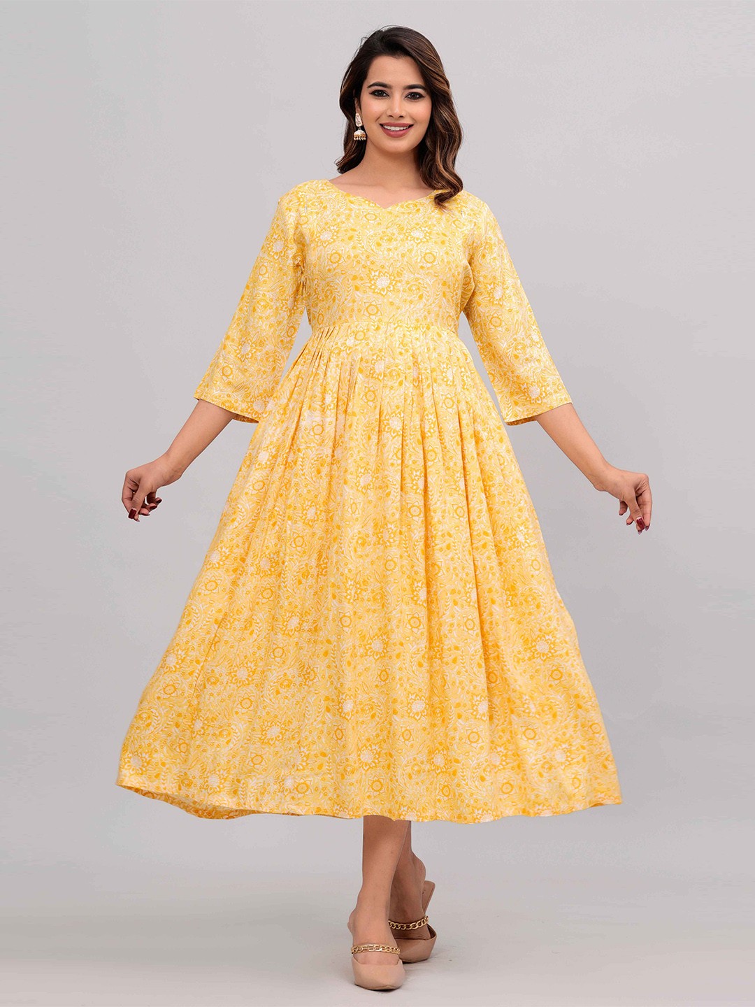 

KALINI Floral Print Liva Maternity Fit and Flare Midi Dress, Yellow