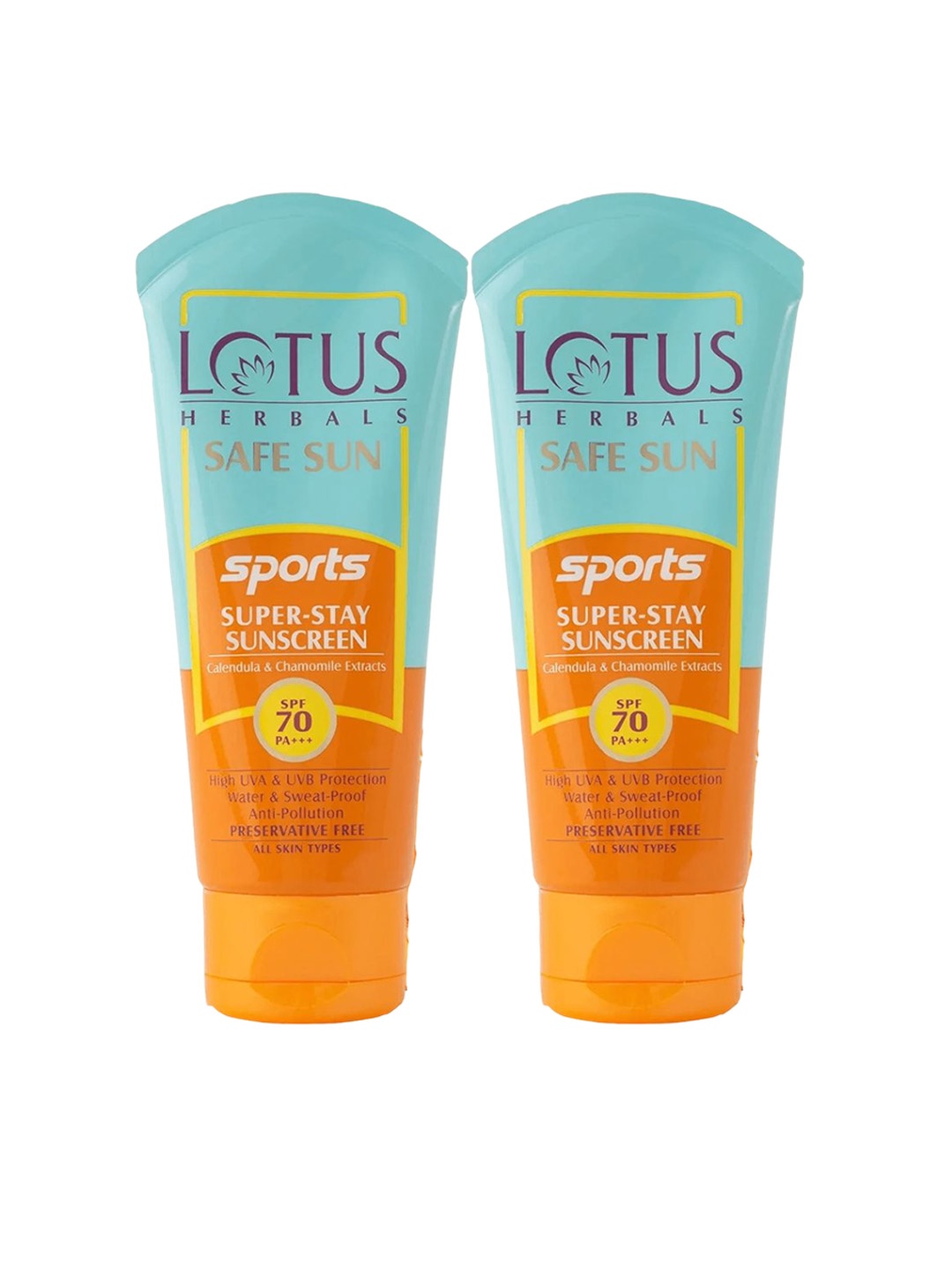 

Lotus Herbals Safe Sun Set Of 2 Sports Super-Stay Sunblock SPF 70 PA+++ - 40g Each, Orange