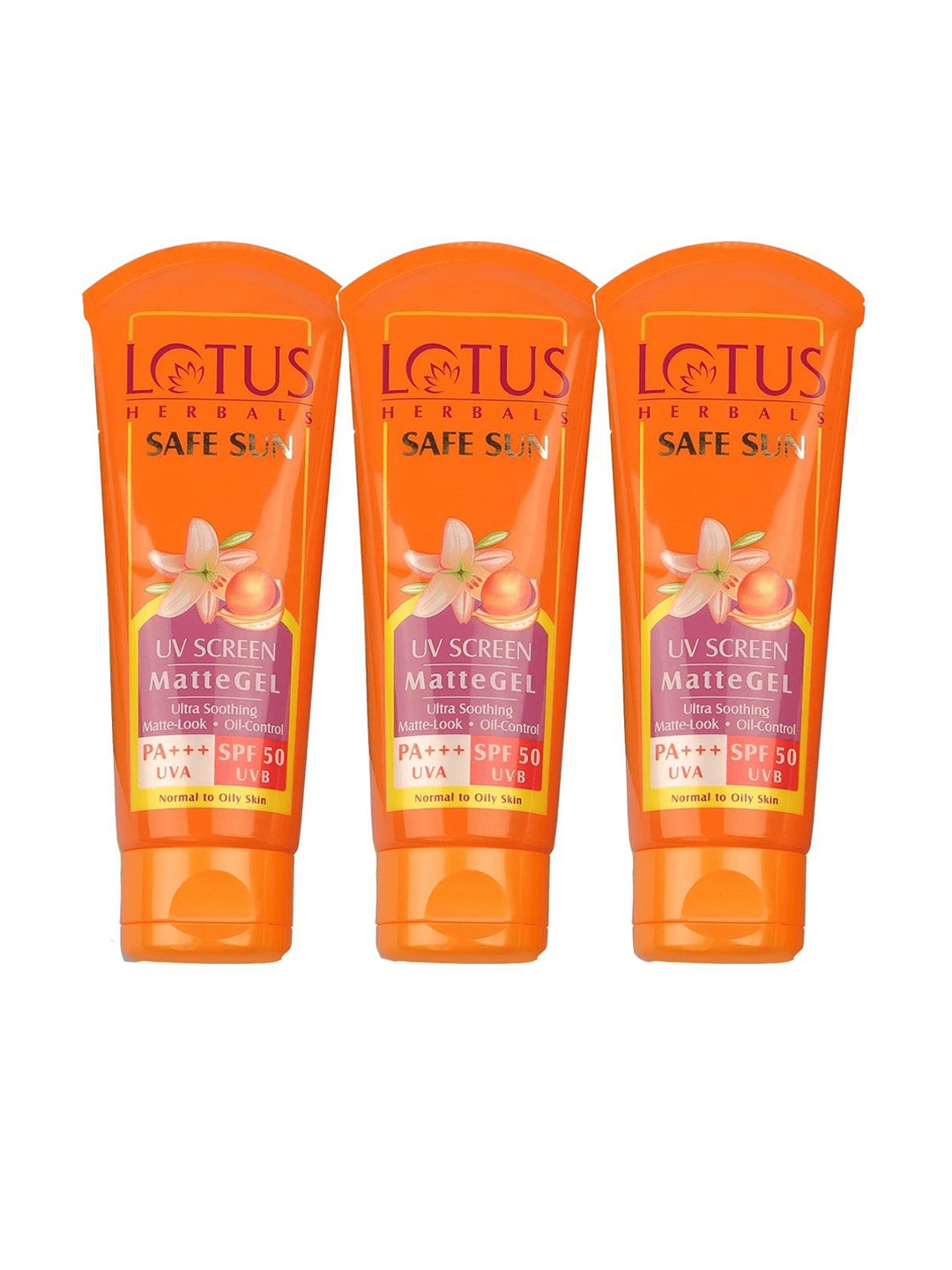 

Lotus Herbals Set Of 3 Safe Sun UV Screen SPF 50 Matte Gel - 50g each, Orange