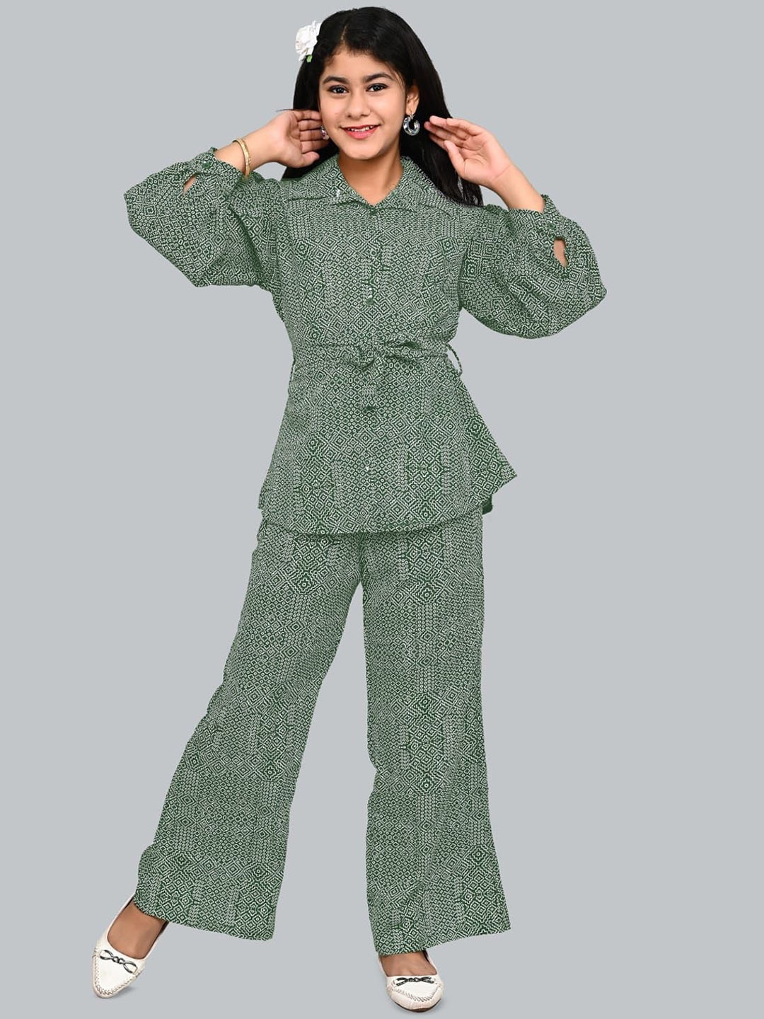 

FELLAMO Girls Printed Pure Cotton Shirt With Palazzos, Green