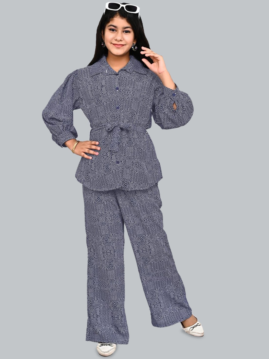 

FELLAMO Girls Printed Pure Cotton Shirt with Trousers Set, Blue
