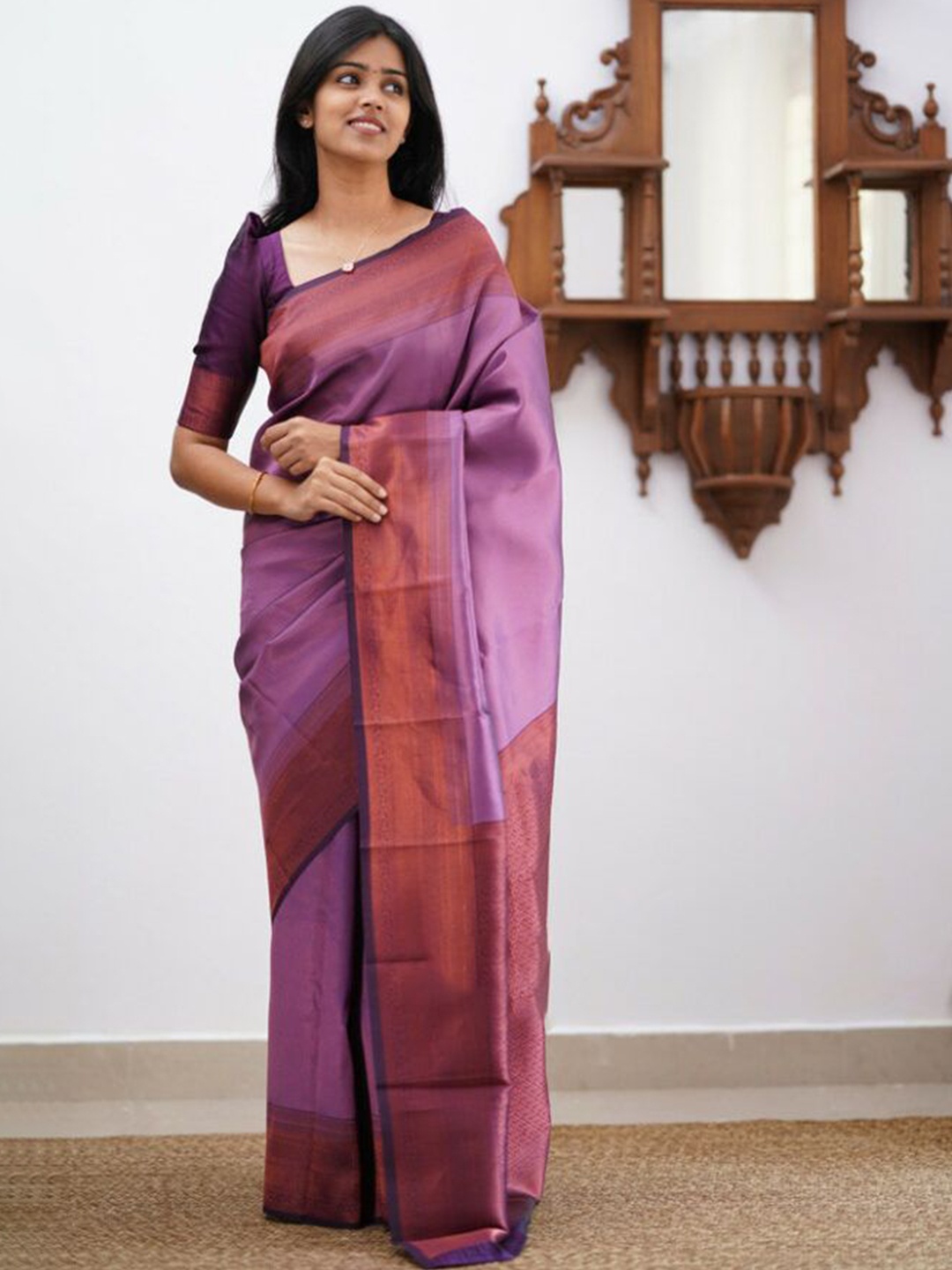 

revika Woven Design Zari Pure Silk Kanjeevaram Saree, Purple