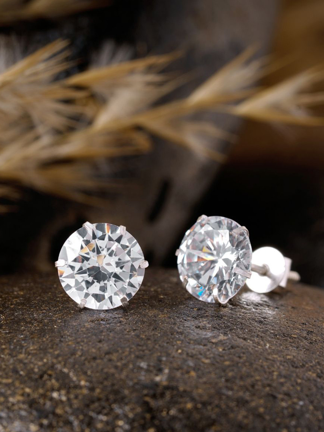 

JewelYaari 925 Sterling Silver Rhodium-Plated American Diamond Studded Studs Earrings