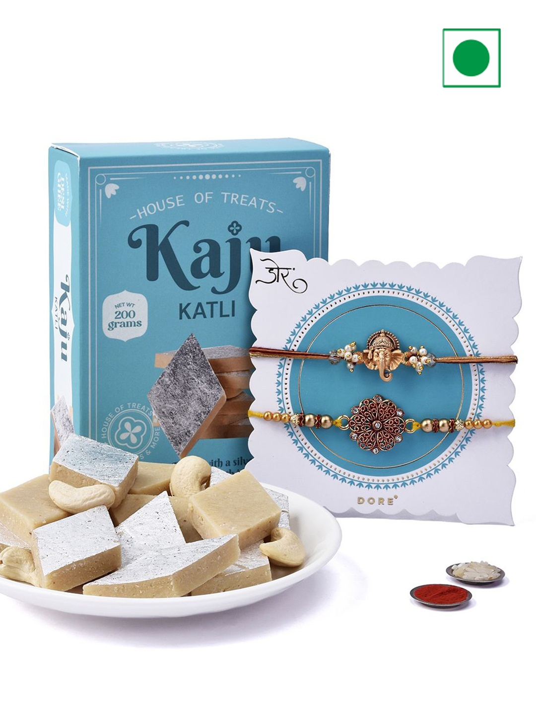 

Hyperfoods Set Of 2 Rakhis With Kaju Katli Sweet Gifts, Blue