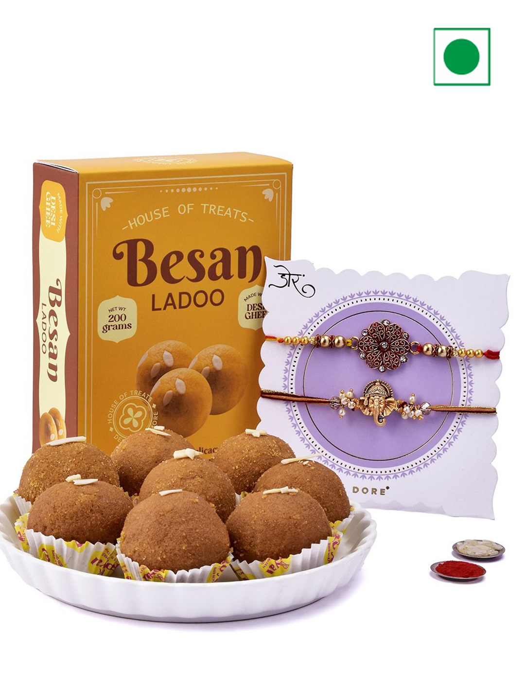 

Hyperfoods Gift Happiness Set Of 2 Rakhi With Besan Laddu Sweet Gifts, Yellow
