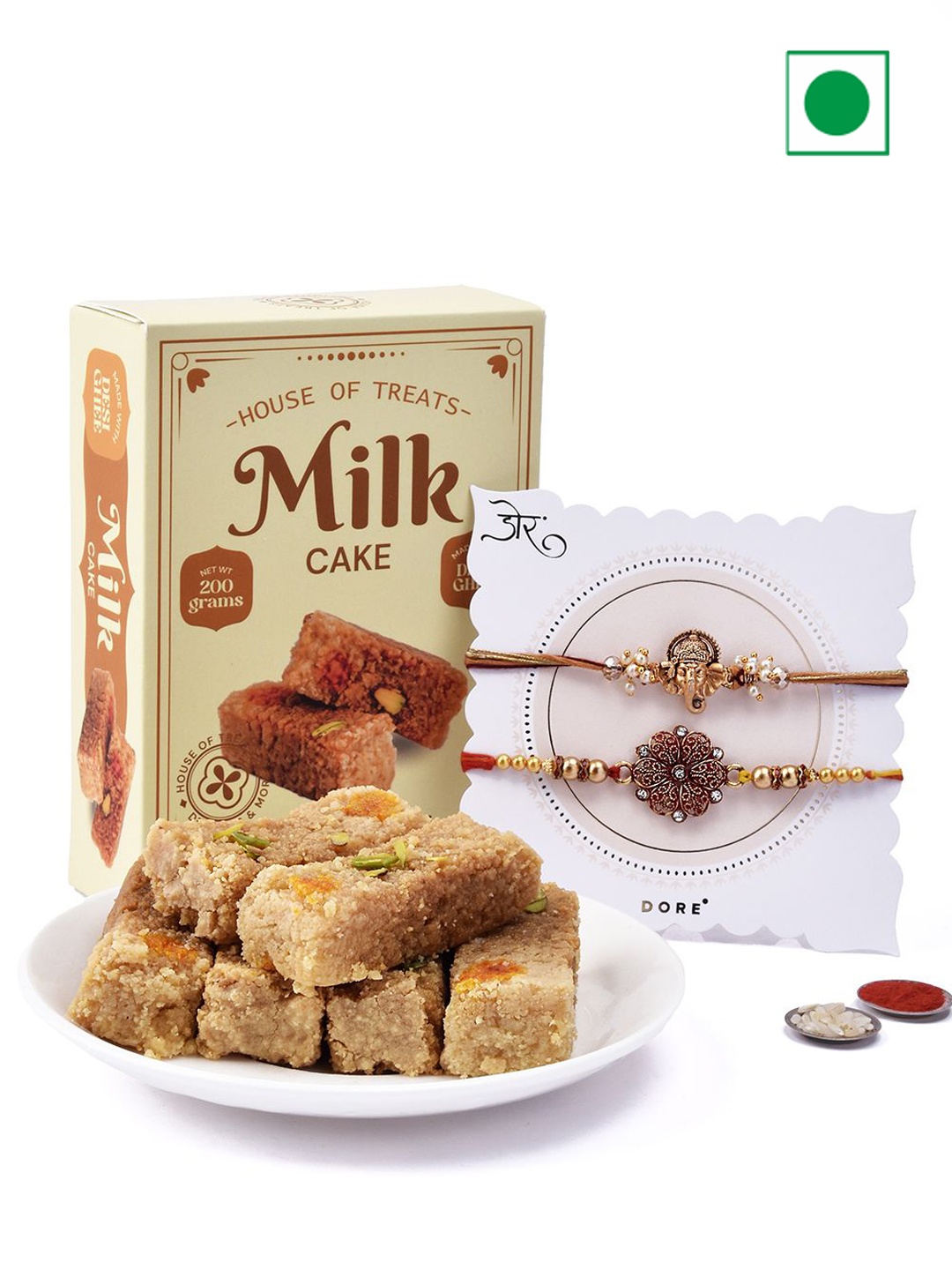 

Hyperfoods Double Delights Set Of 2 Rakhi With Milk Cake Sweet Gifts, Cream