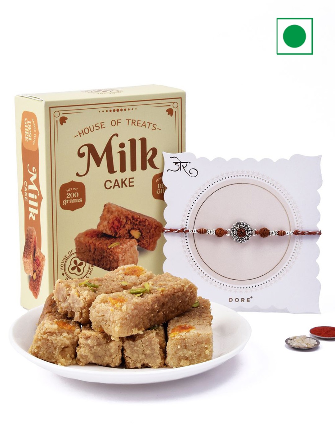 

Hyperfoods Double Delights Rakhi With Milk Cake Sweet Gifts, Cream