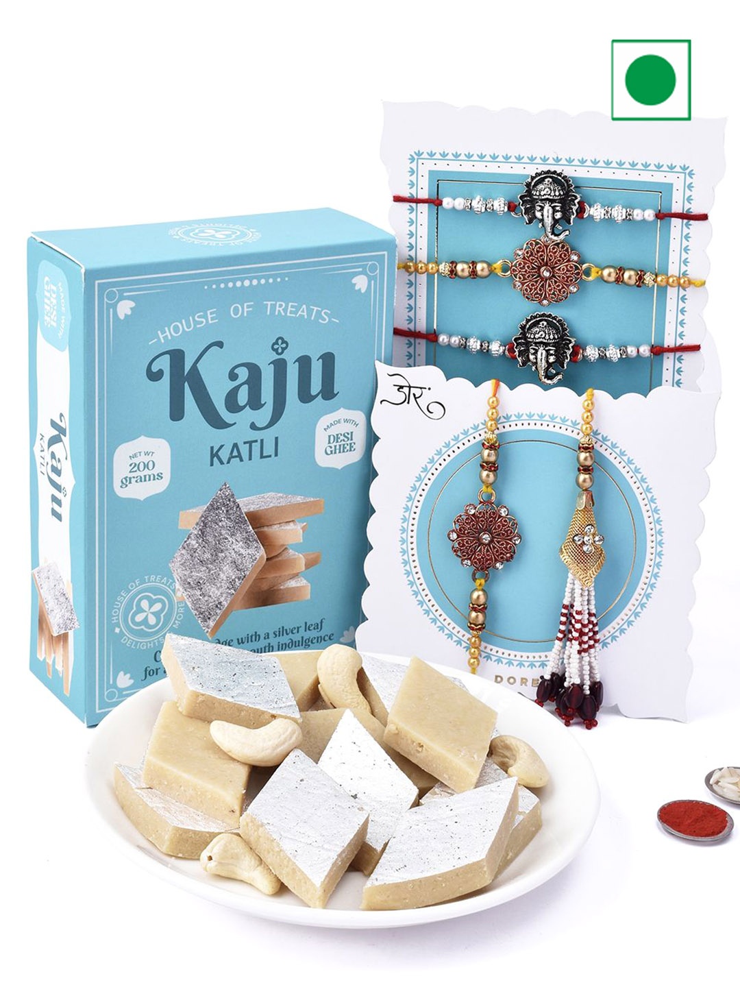 

Hyperfoods Sweet Celebrations Set of 5 Rakhi With Kaju Katli Sweet Gifts, Blue