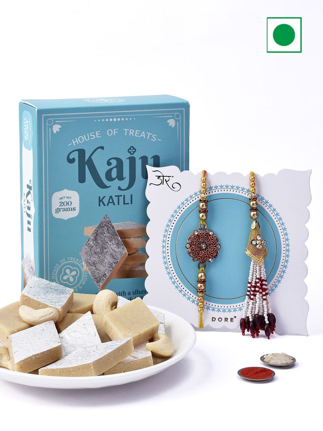 

Hyperfoods 2-Pcs Rakhi & Sweets Gifts With Roli Chawal, Blue
