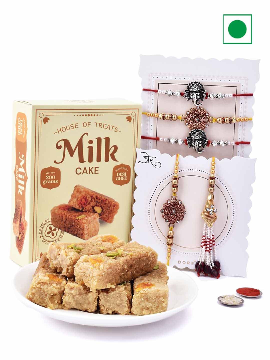 

Hyperfoods Double Delights Set Of 5 Rakhi With Milk Cake Sweet Gifts, Cream