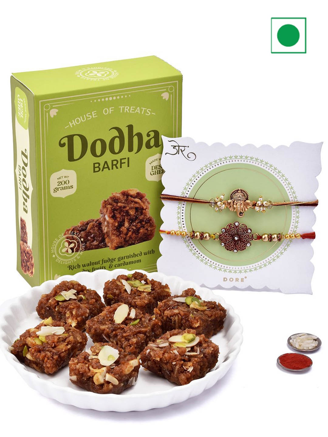 

Hyperfoods Sweet Treat Set Of 2 Rakhi With Dodha Barfi Sweet Gifts, Green