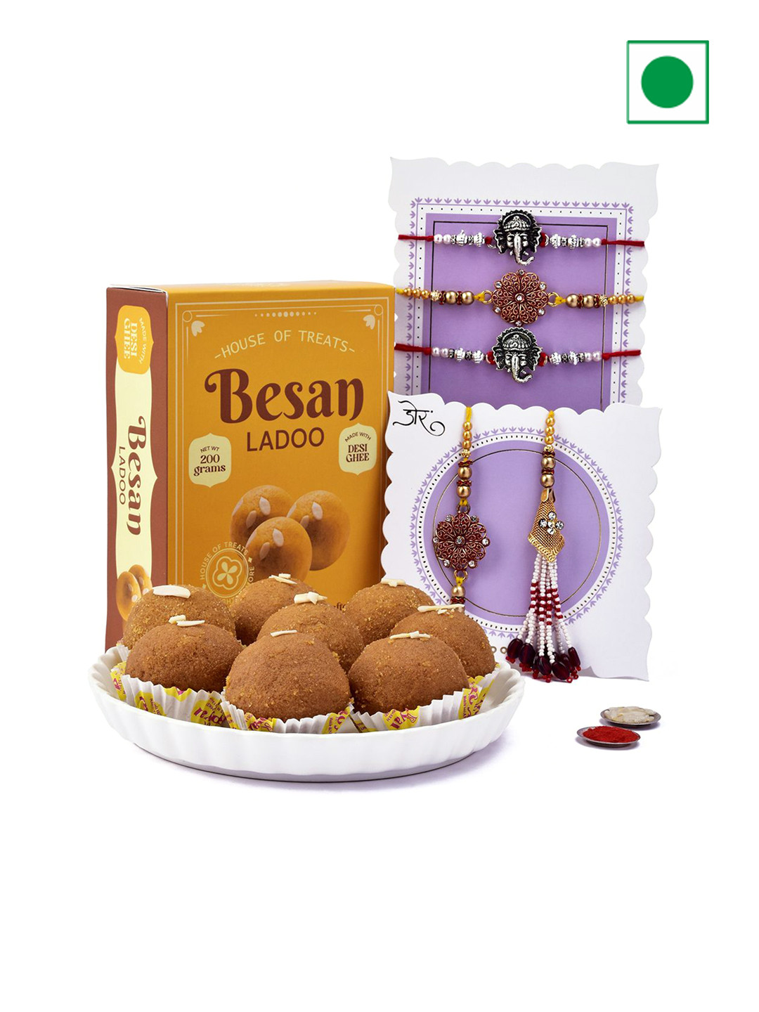 

Hyperfoods Gift Happiness Set Of 5 Rakhi With Besan Laddu Sweet Gifts, Yellow