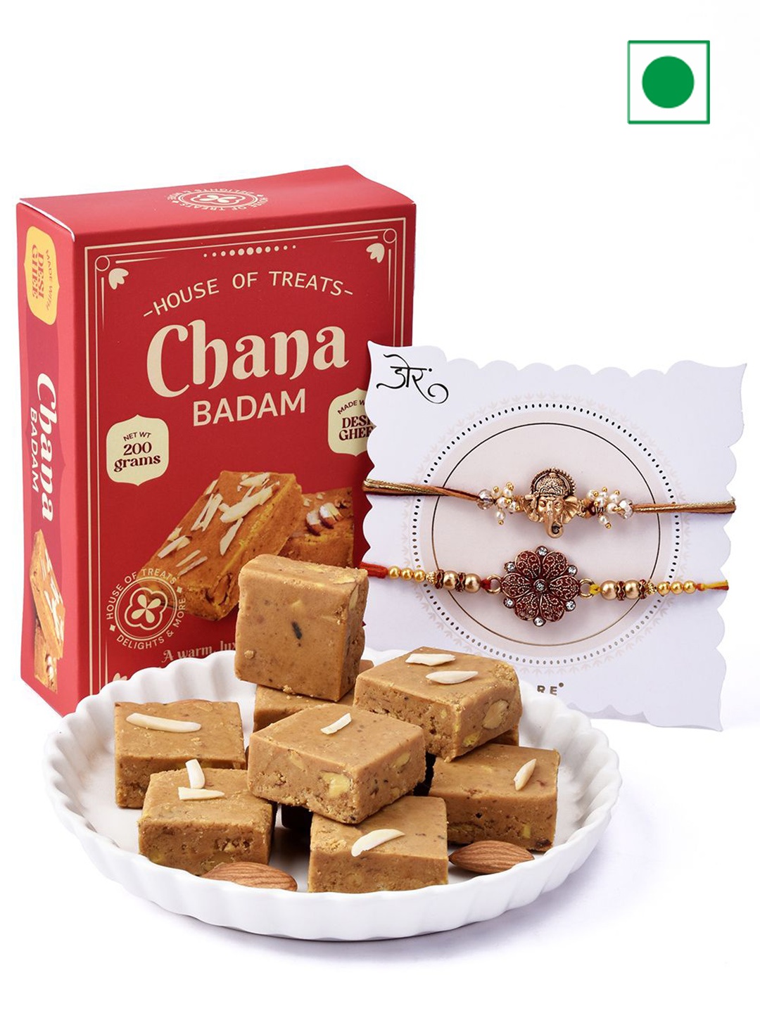 

Hyperfoods Set Of 2 Rakhis With Badam Barfi Sweet Gifts, Red