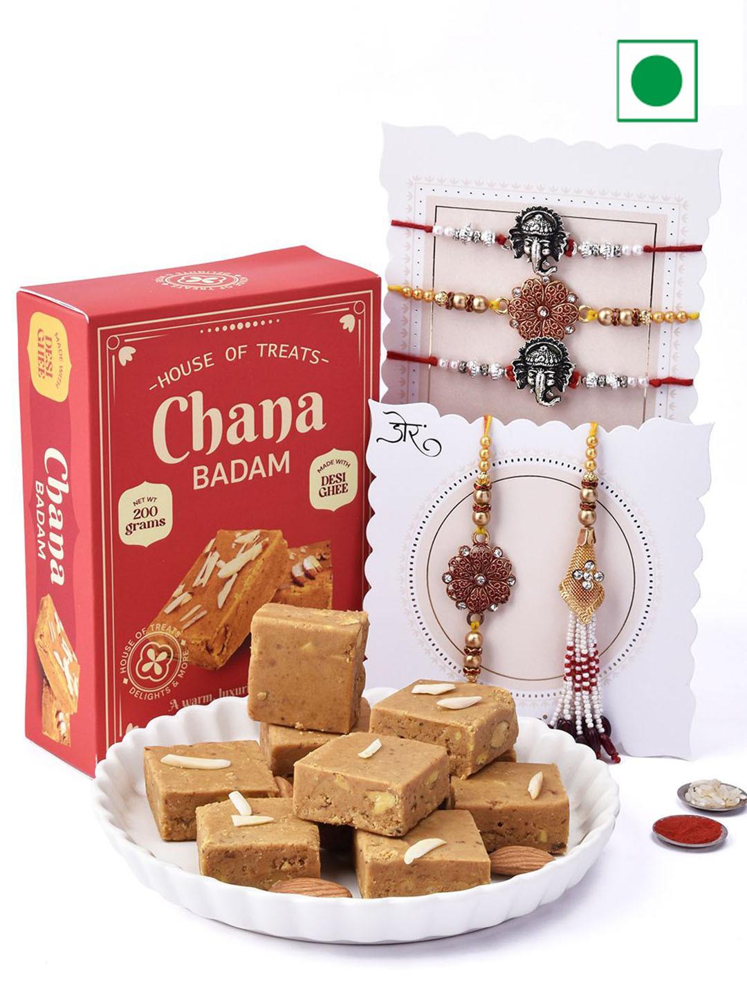

Hyperfoods Set Of 5 Rakhis With Badam Barfi Sweet Gifts, Red