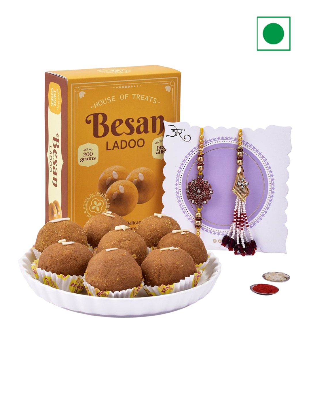 

Hyperfoods Set Of 2 Rakhi With Besan Laddu Sweet Gifts, Yellow