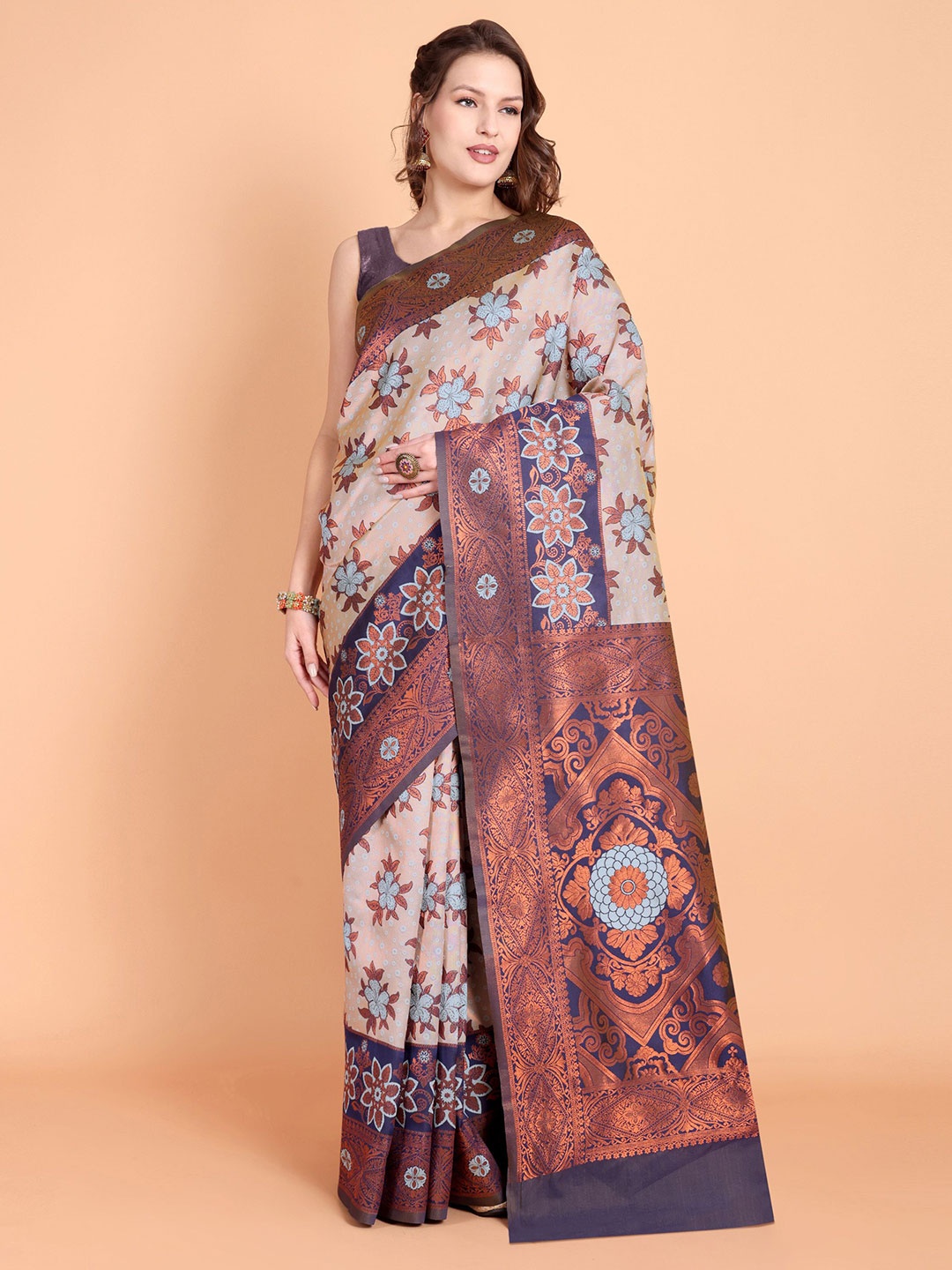 

Visit Wear Ethnic Motif Zari Woven Pure Silk Kanjeevaram Saree, Cream