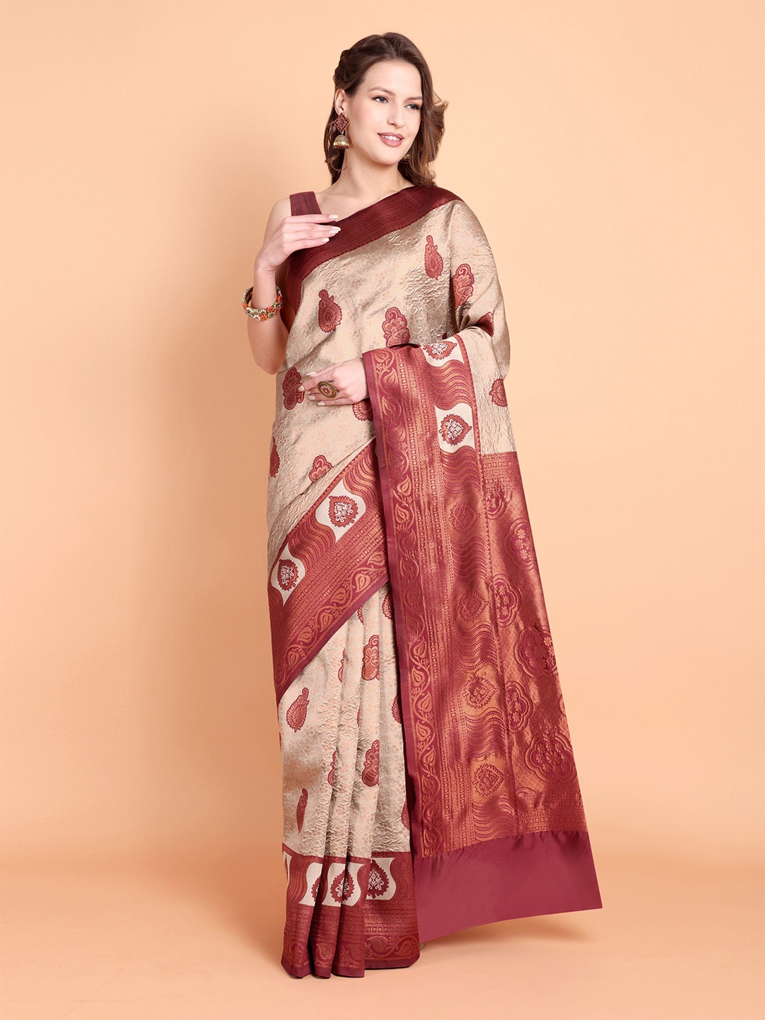 

Visit Wear Ethnic Motif Zari Woven Pure Silk Kanjeevaram Saree, Beige