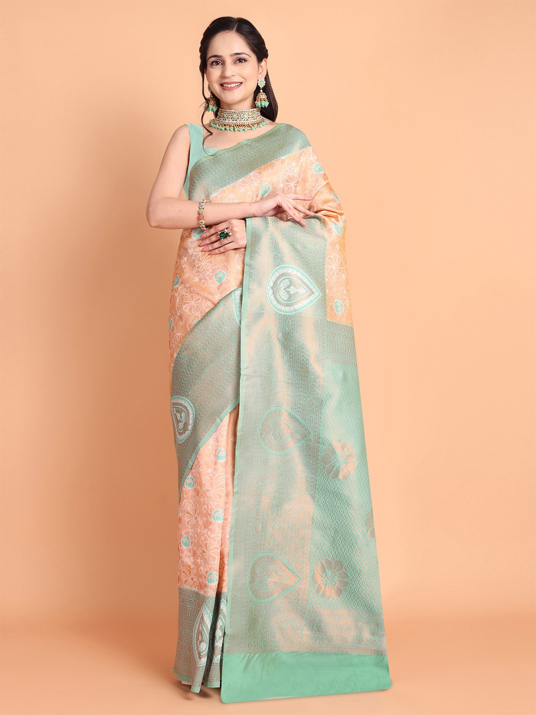 

Visit Wear Ethnic Motif Zari Woven Pure Silk Kanjeevaram Saree, Peach