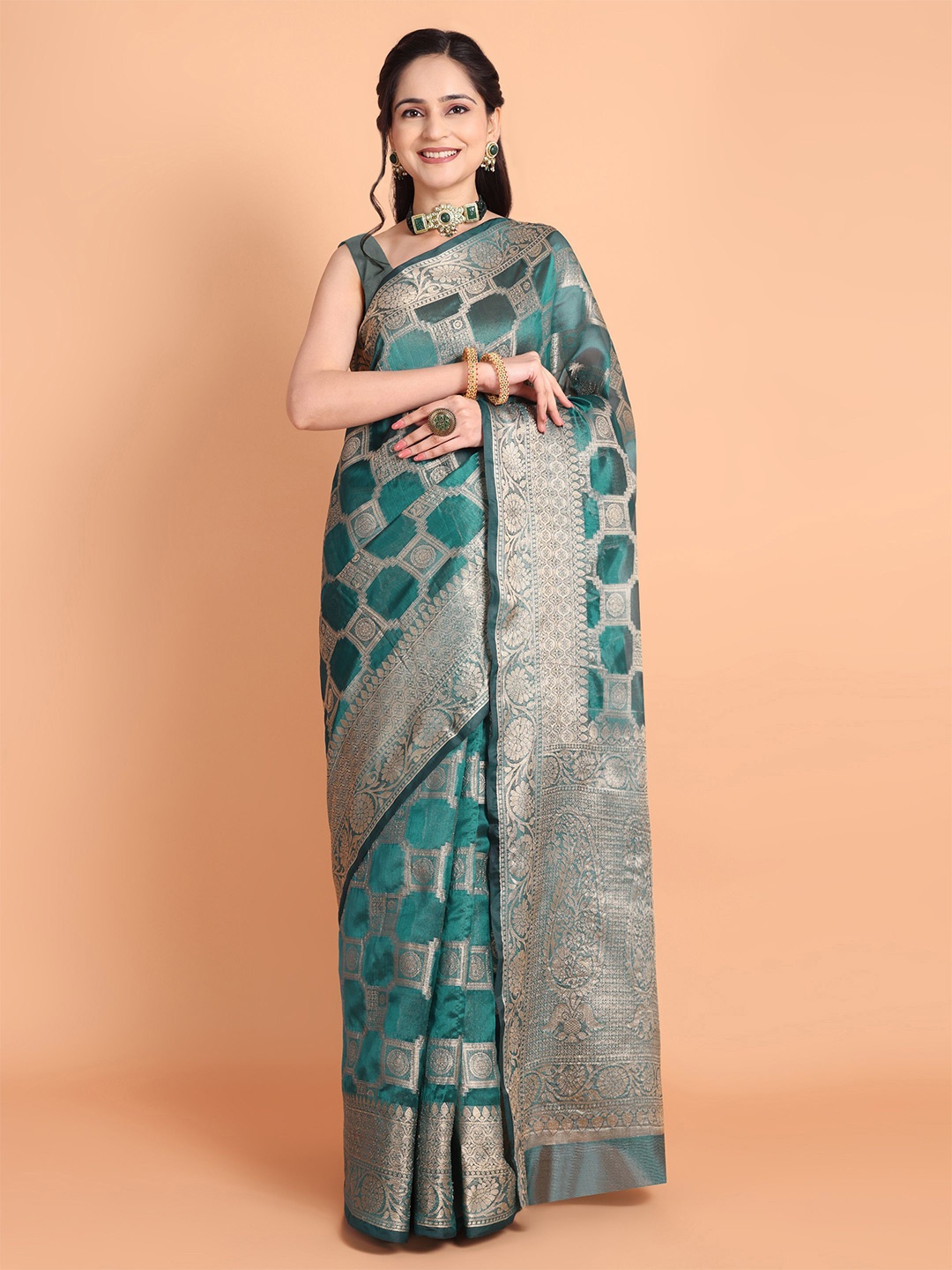 

Visit Wear Ethnic Motif Zari Woven Pure Silk Kanjeevaram Saree, Green