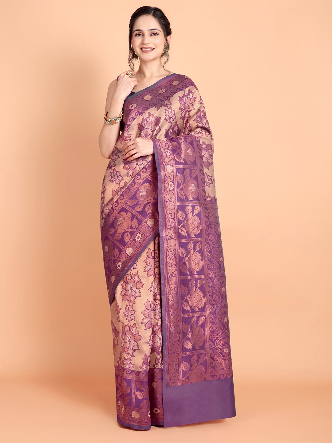 

Visit Wear Floral Printed Zari Pure Silk Kanjeevaram Saree, Purple