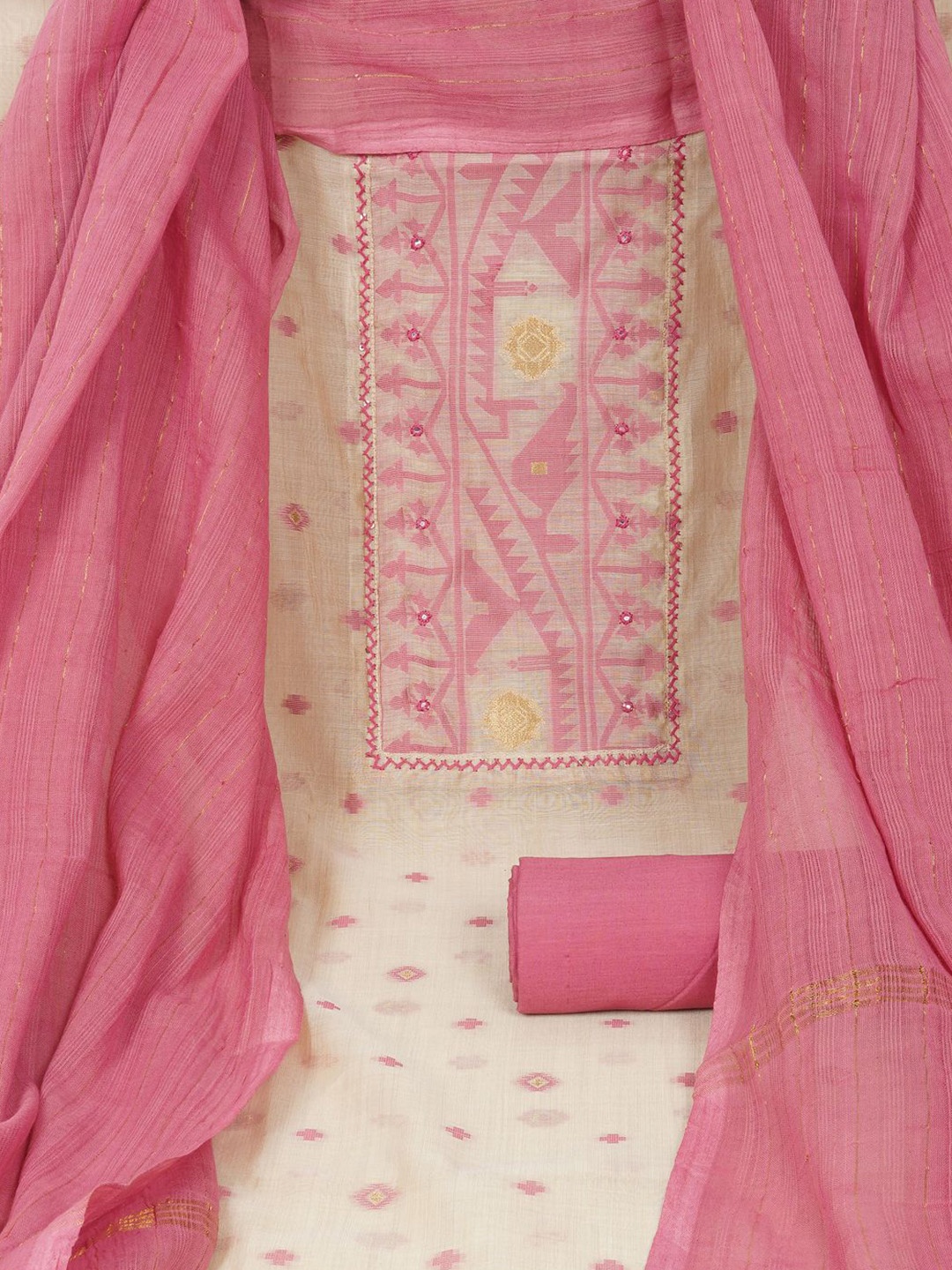 

KAMI KUBI Geometric Printed Mirror Work Unstitched Dress Material, Beige