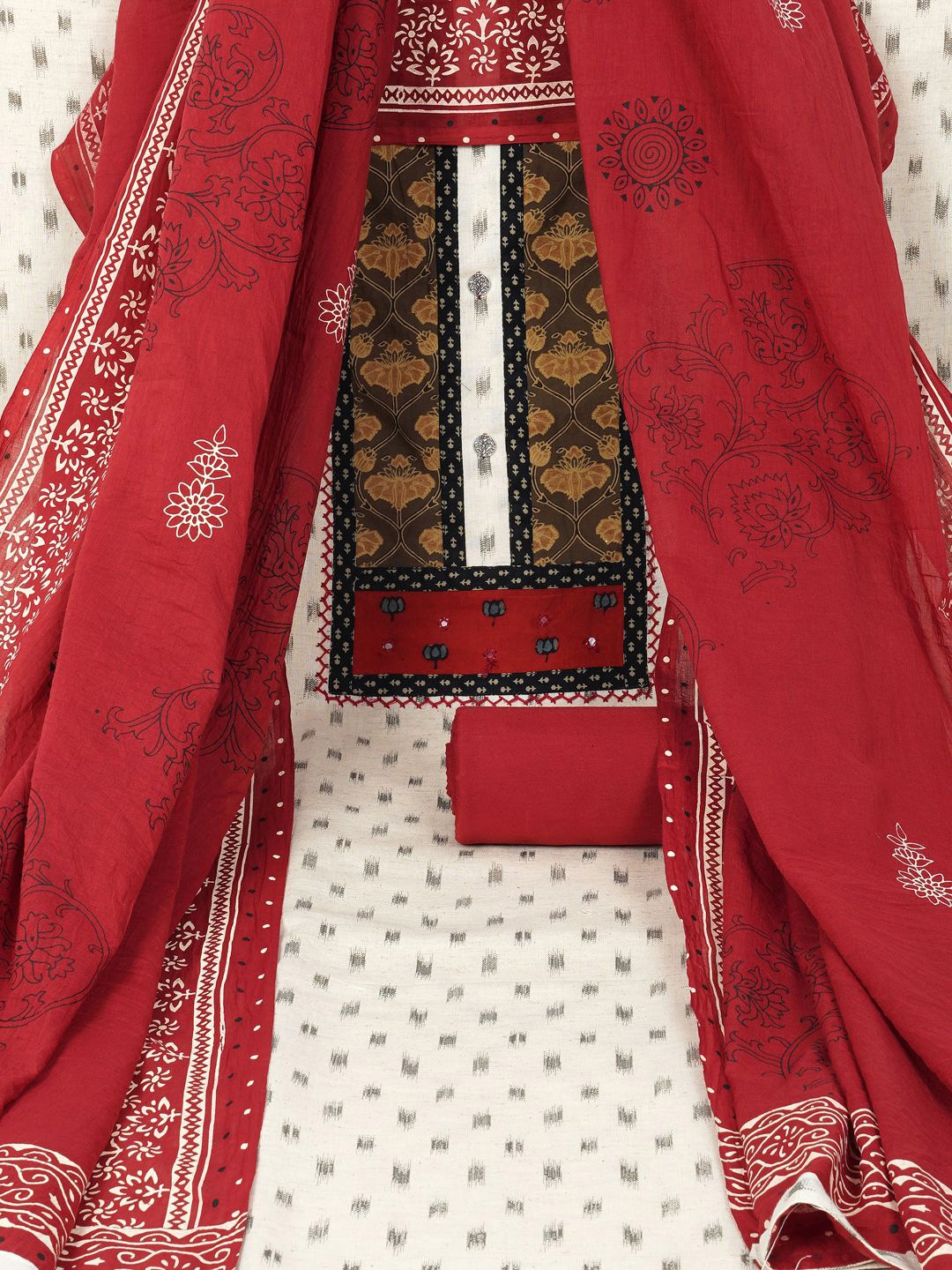 

KAMI KUBI Ethnic Motifs Printed Mirror Work Pure Cotton Unstitched Dress Material, Beige