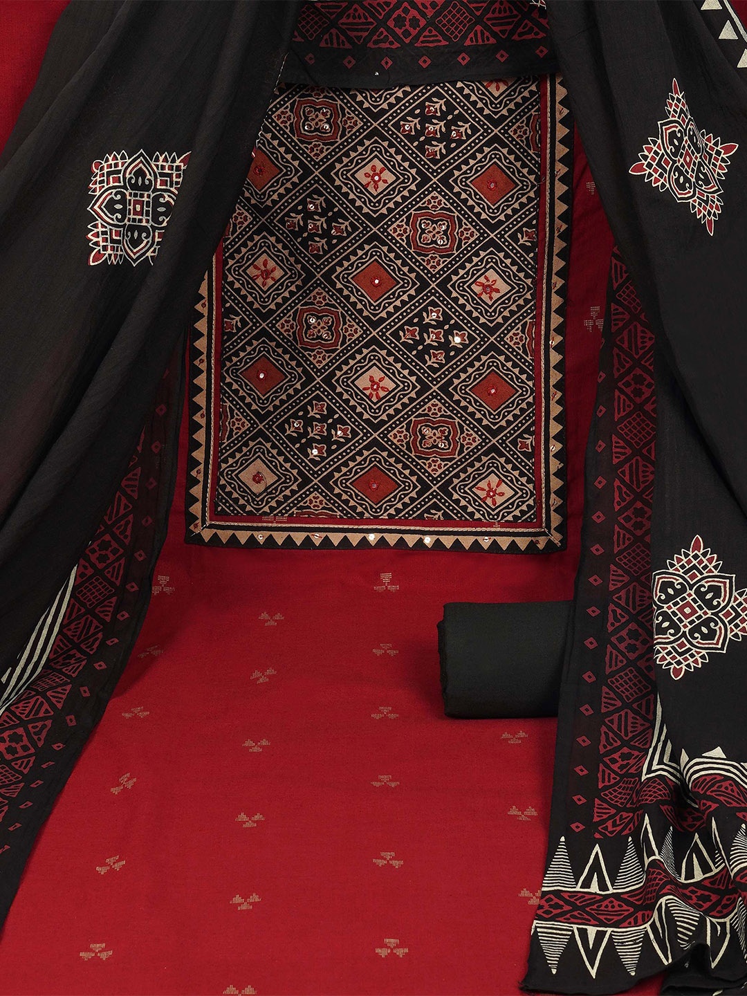 

KAMI KUBI Ethnic Motifs Printed Sequinned Pure Cotton Unstitched Dress Material, Maroon