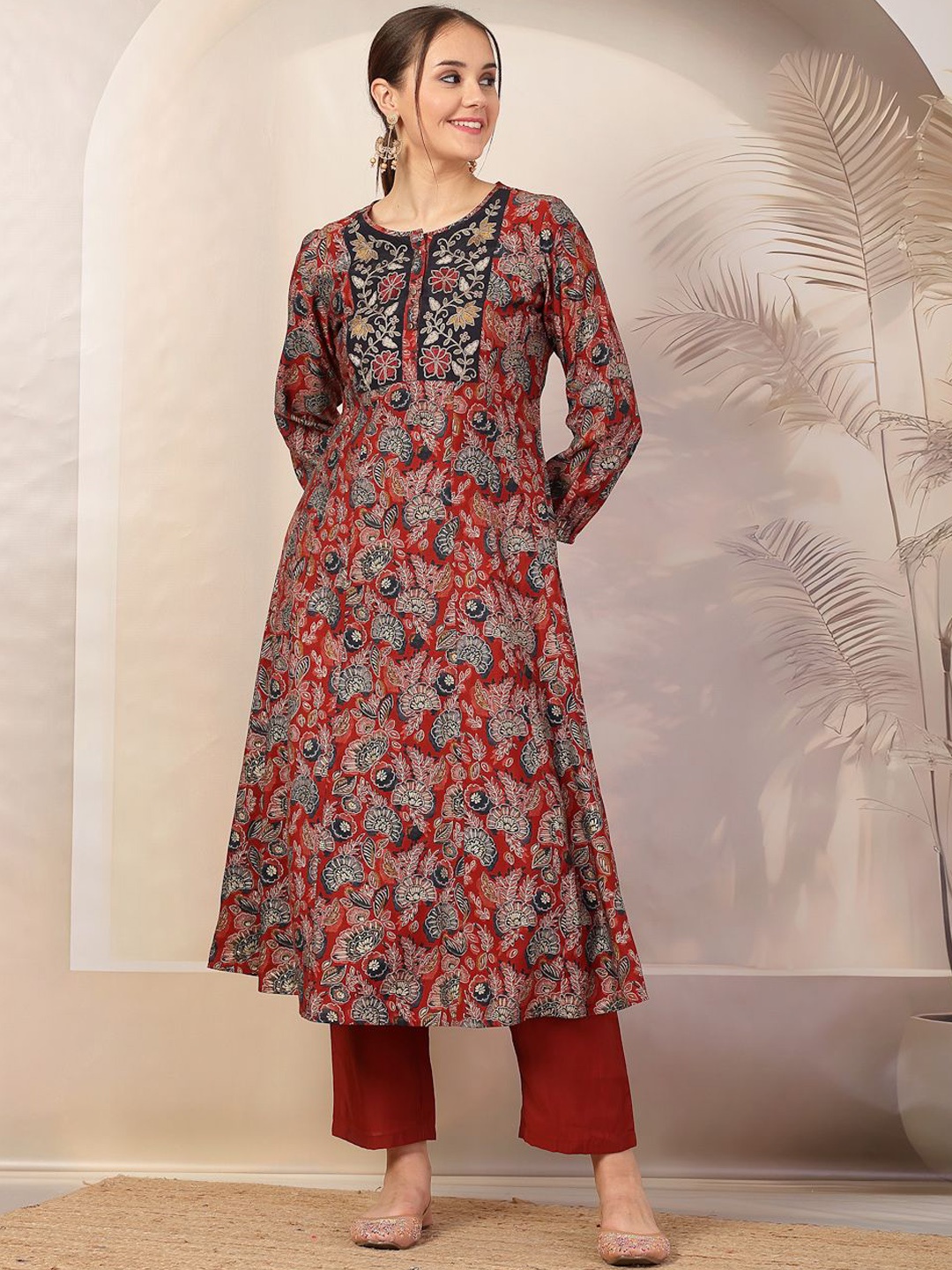 

Nayam By Lakshita Floral Printed A-Line Kurta with Palazzos, Red