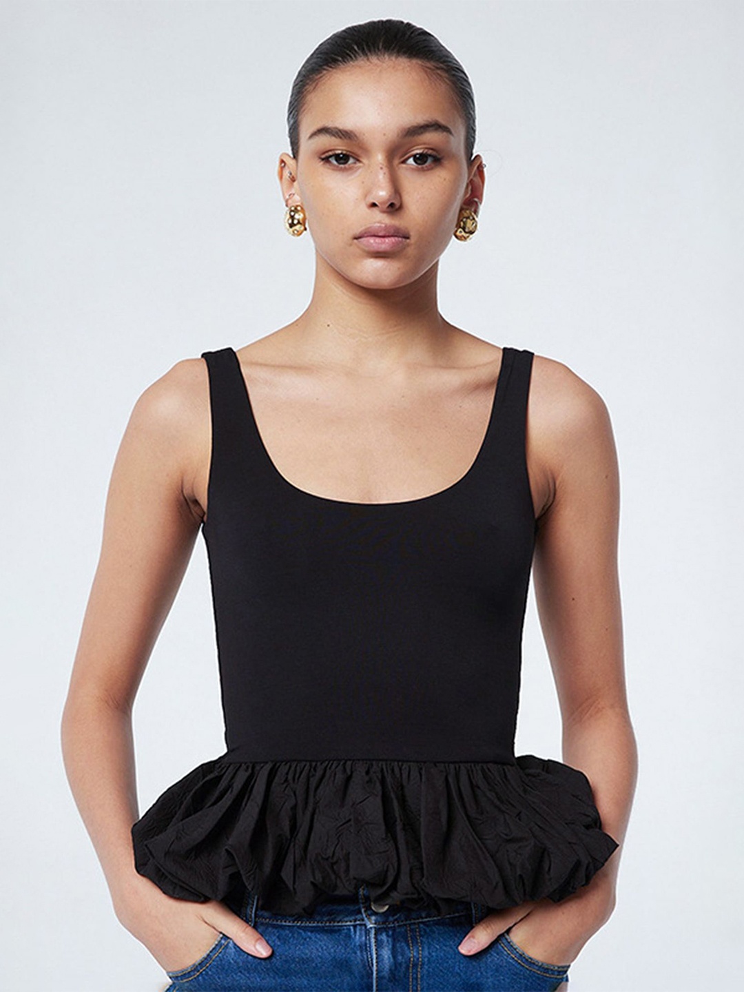 

LULU & SKY Women Scoop Neck Solid Peplum Crop Top, Black