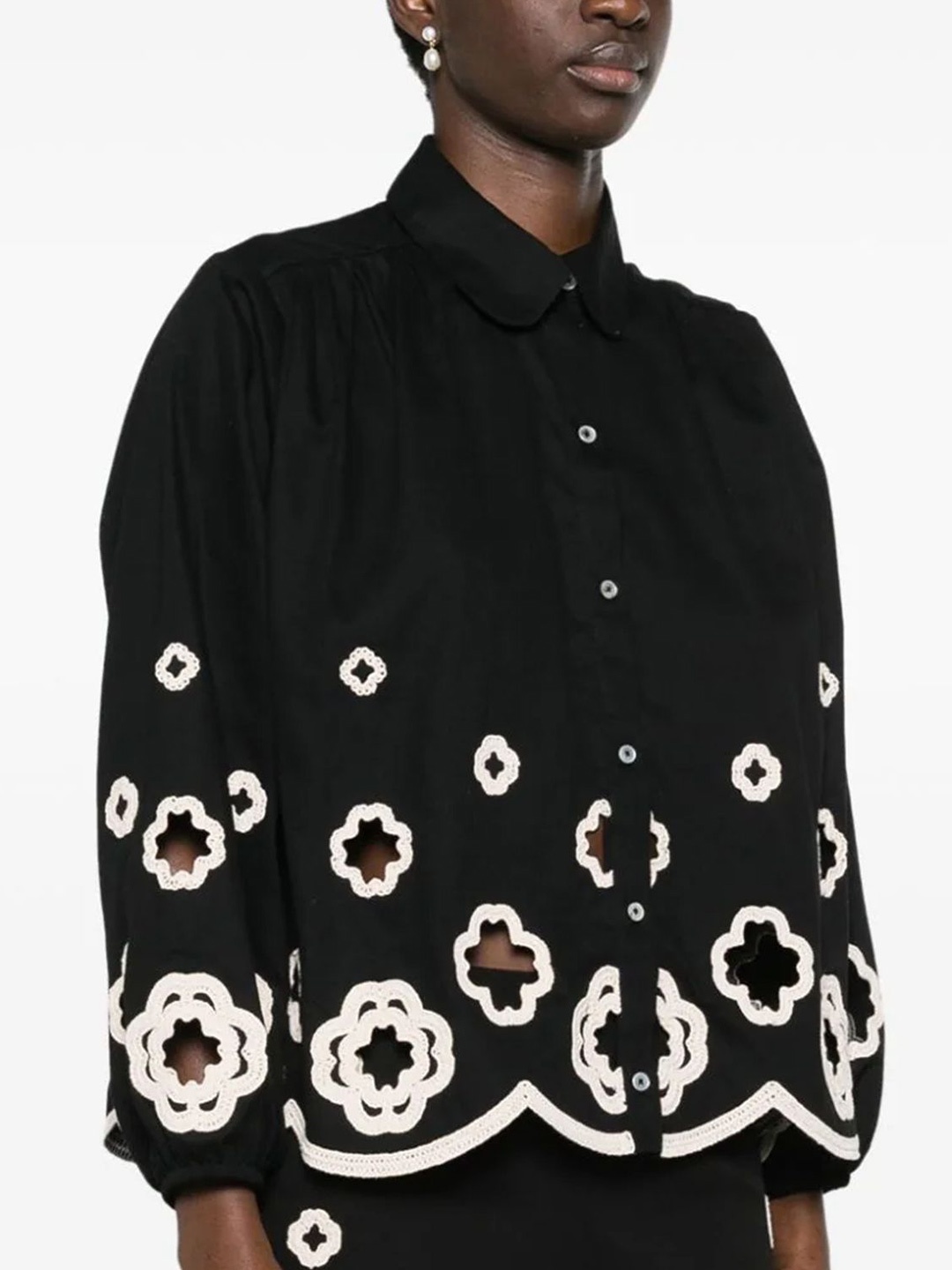 

LULU & SKY Women Shirt Collar Ethnic Motifs Embroidered Puff Sleeve Shirt Style Top, Black