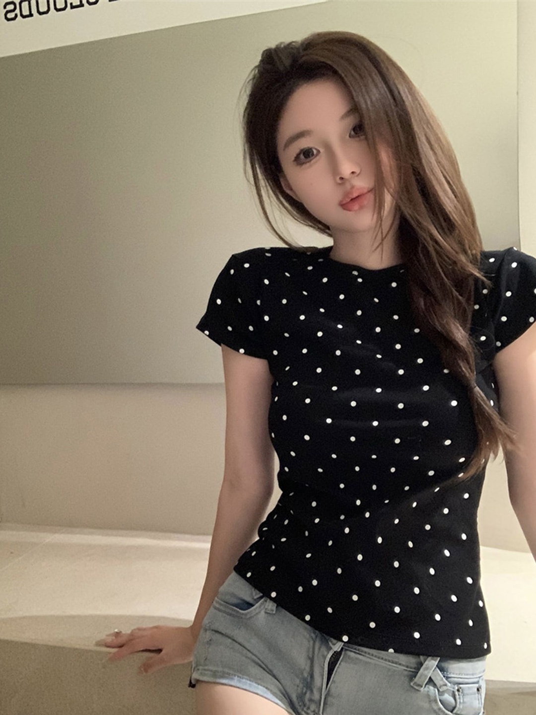 

LULU & SKY Women Polka Dot Print Cinched Waist Top, Black